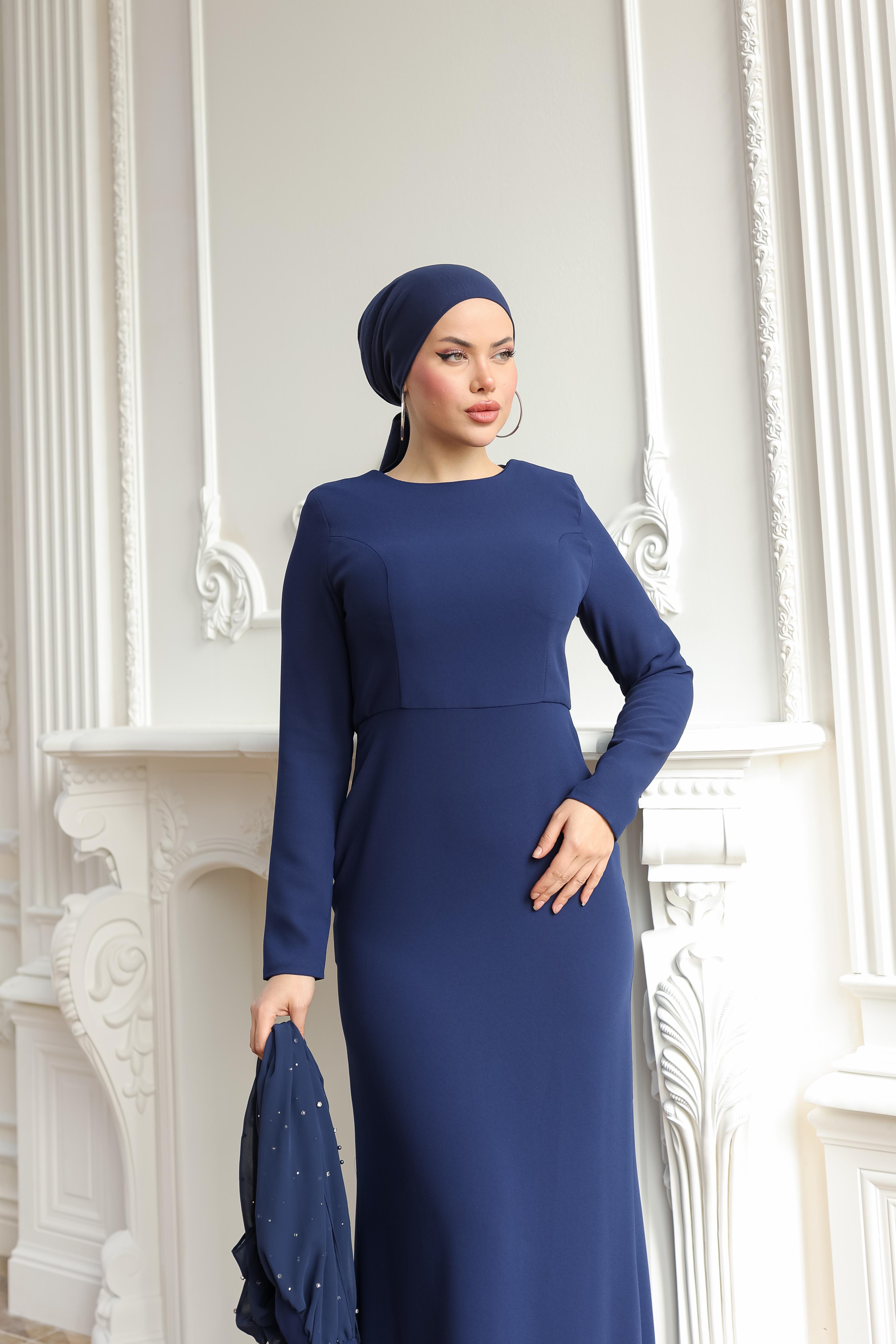 Taş Ve Boncuk İşlemeli Seyyar Pelerinli Elbise 8360 - Navy Blue