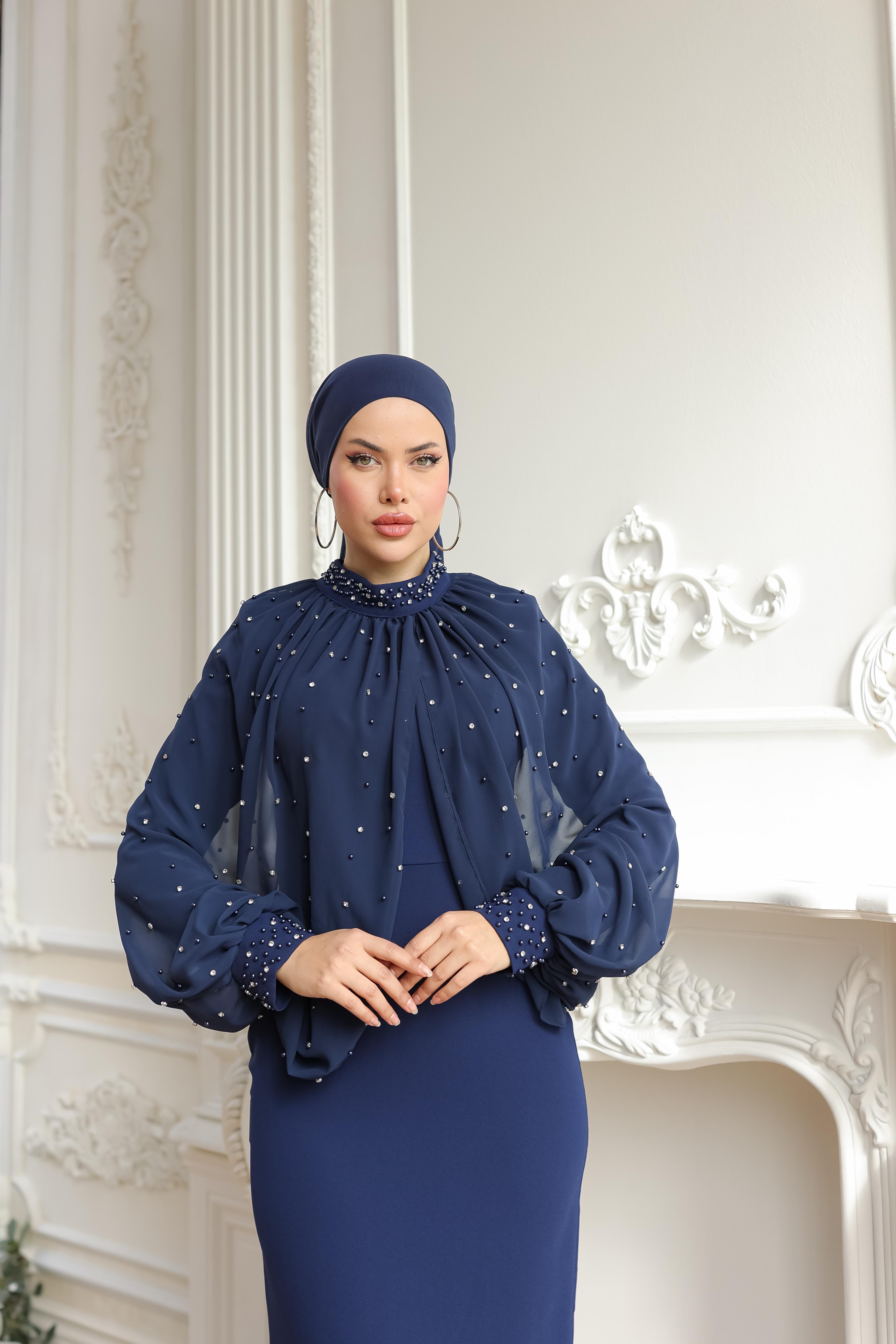 Taş Ve Boncuk İşlemeli Seyyar Pelerinli Elbise 8360 - Navy Blue