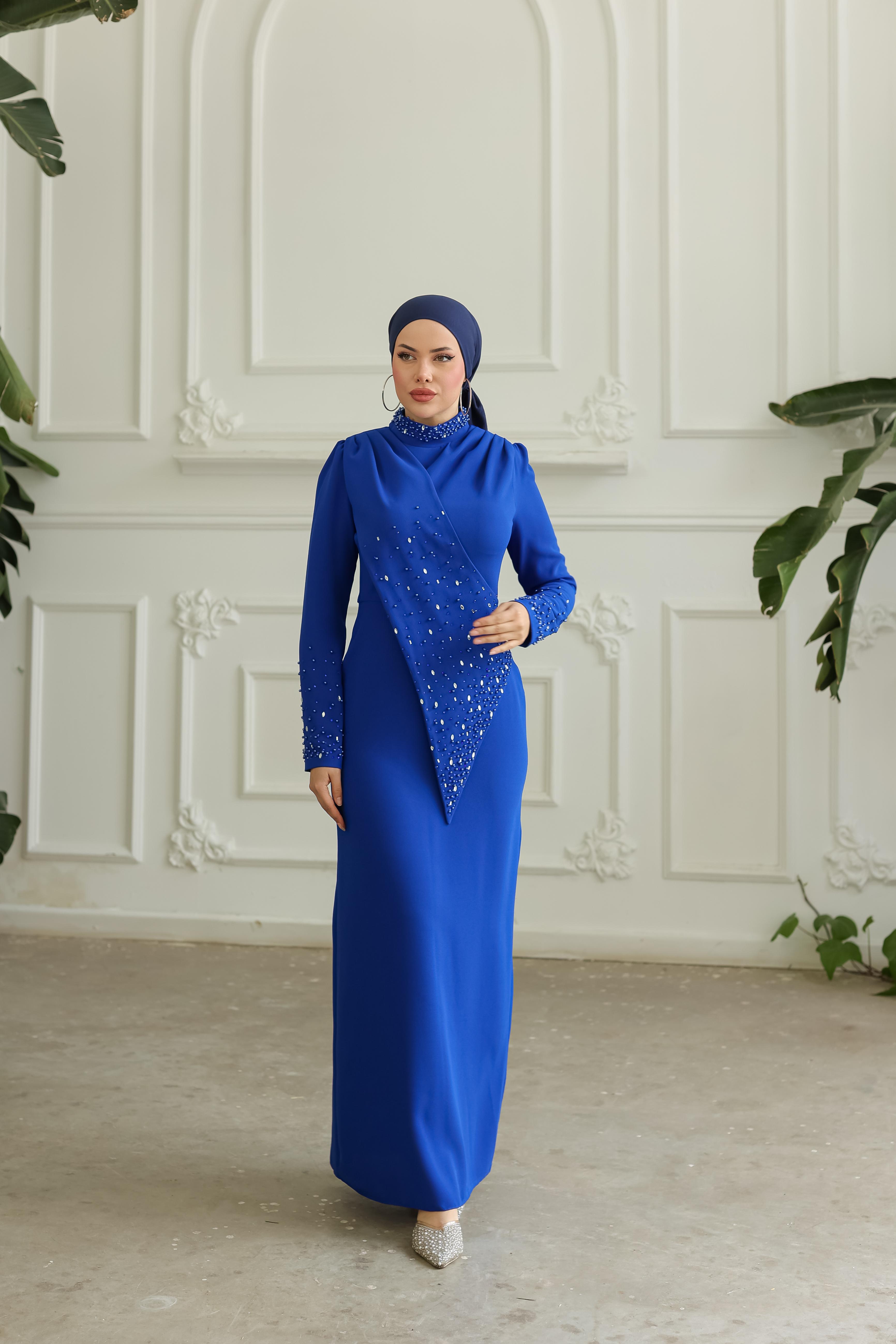 Boncuk İşlemeli Elbise 8366 - Cobalt Blue