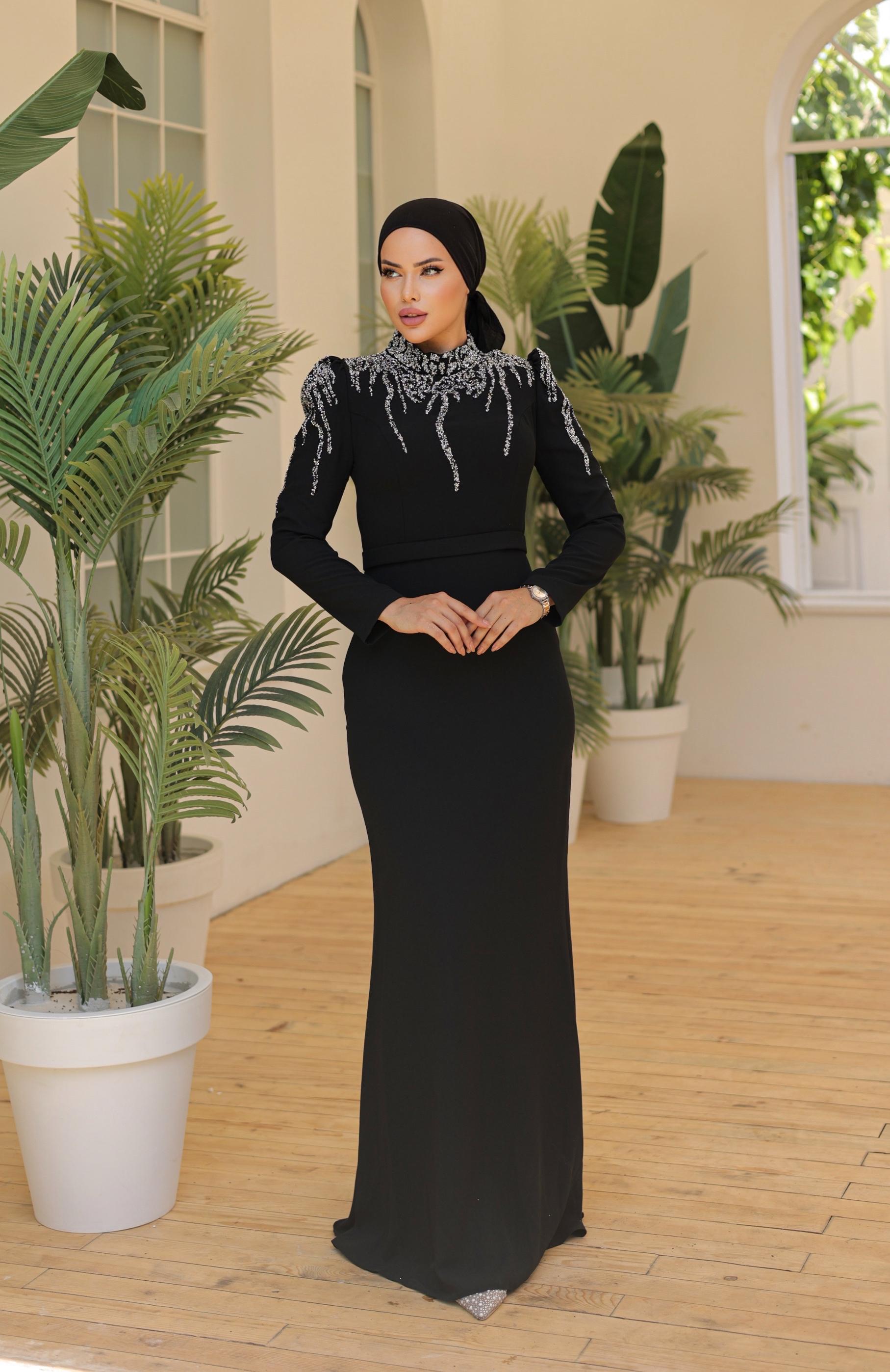 Stone Embroidered Crepe Dress 8215 - Black