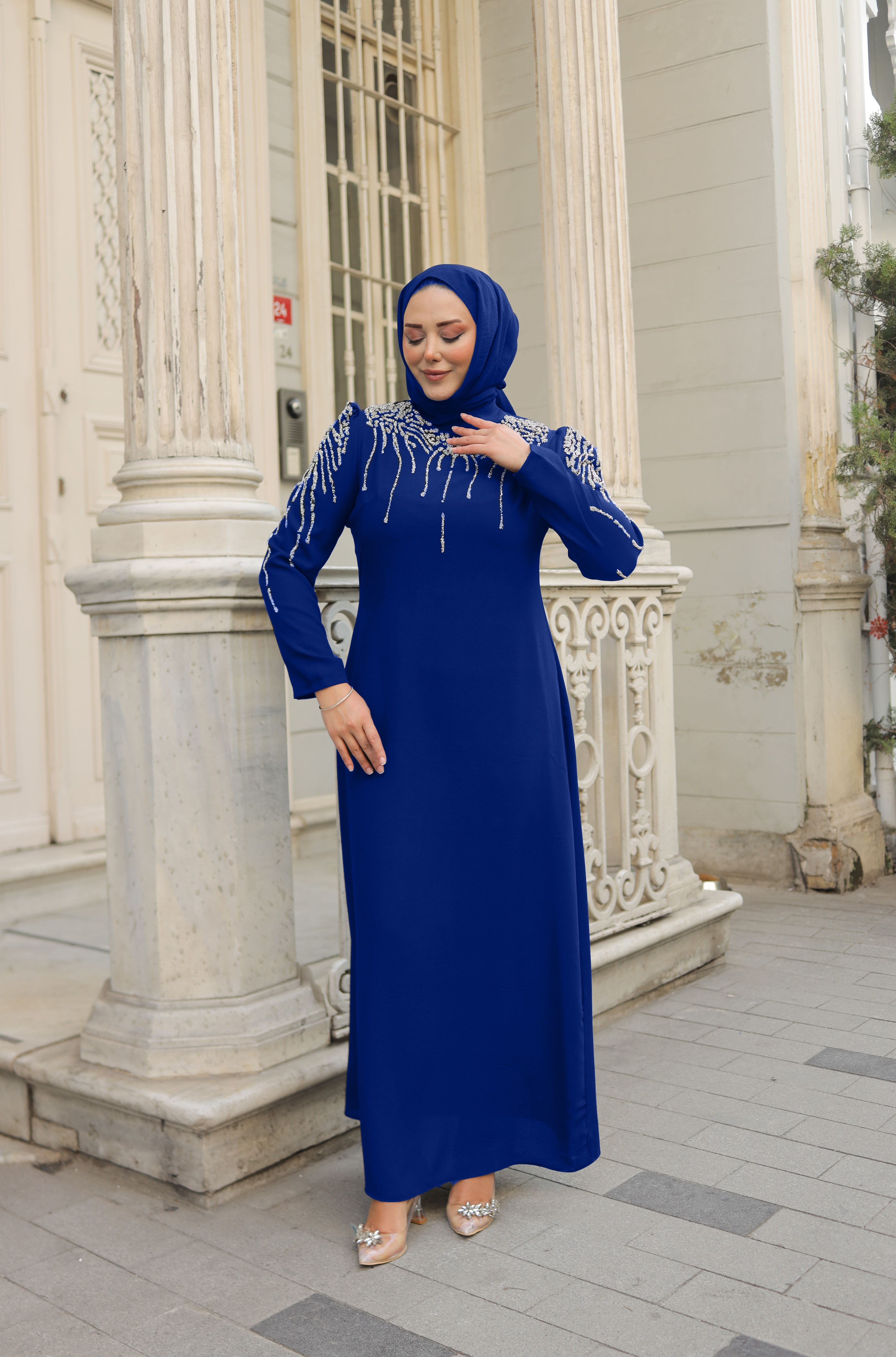 Stone Embroidered Plus Size Crepe Dress 8362 - Cobalt Blue