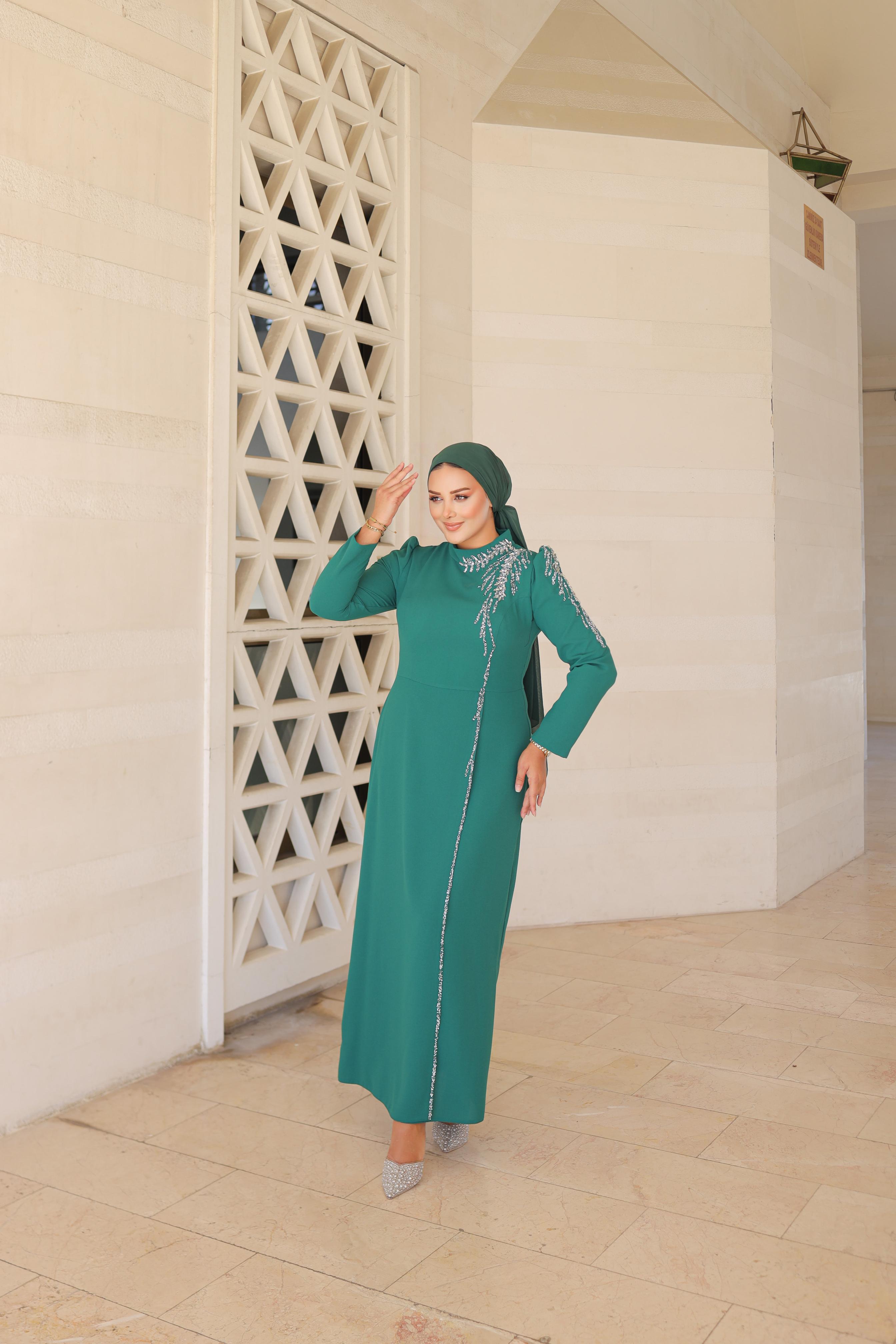Stone-Embroidered Plus Size Crepe Dress 8287 - Emerald