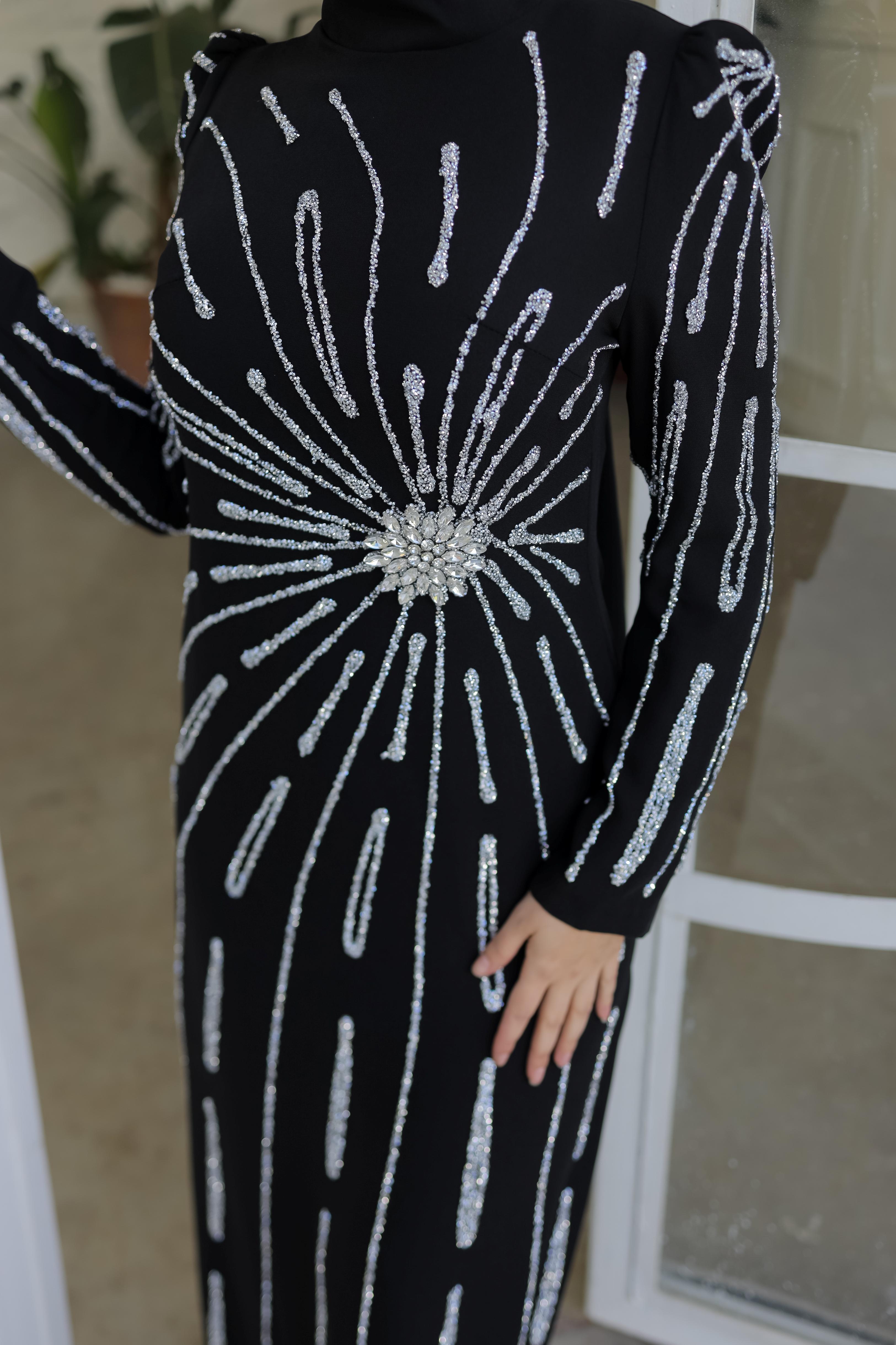 Stone Embroidered Crepe Evening Dress 8354 - Black