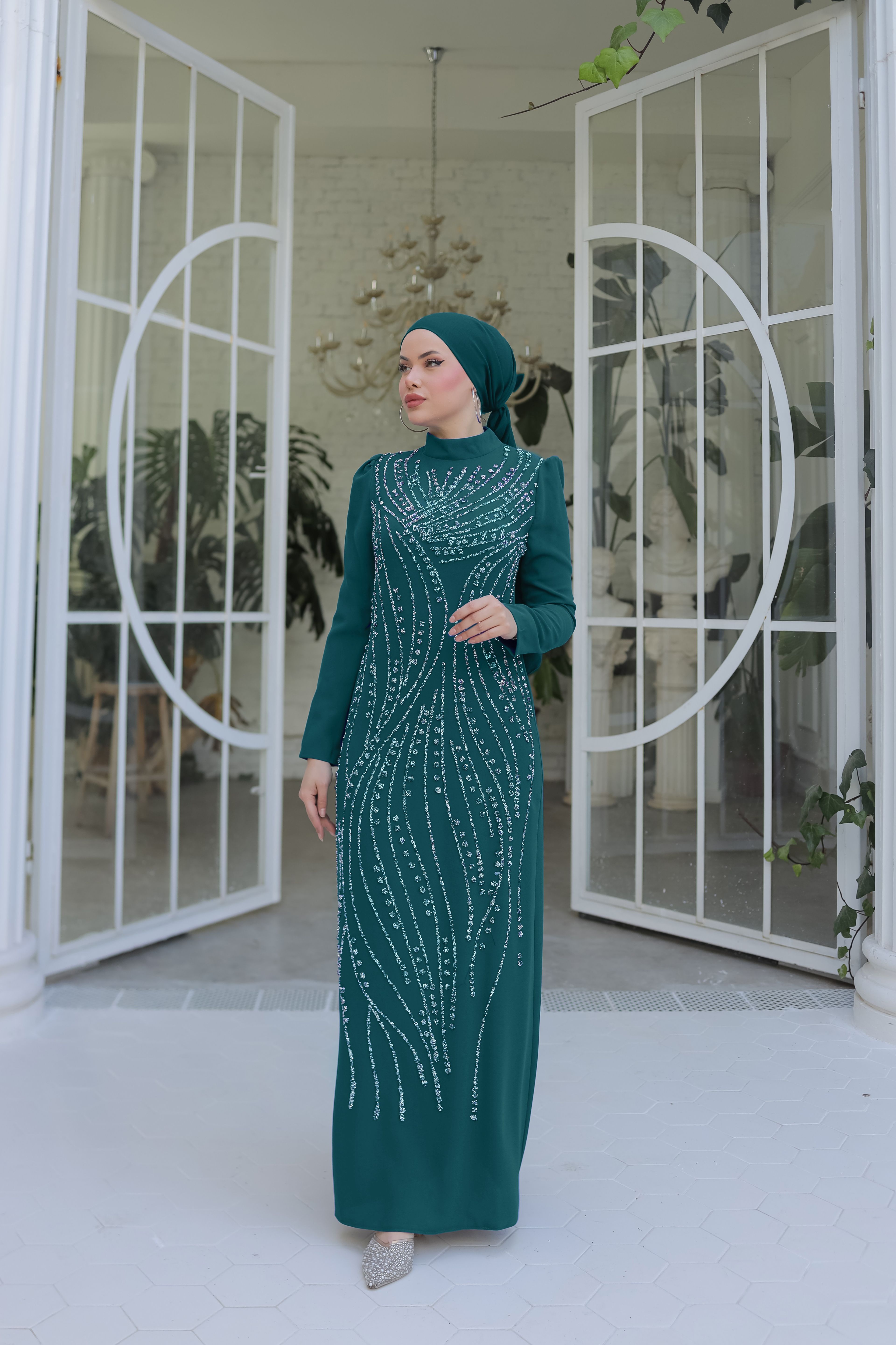 Taş İşlemeli Krep Abiye 8375 - Emerald