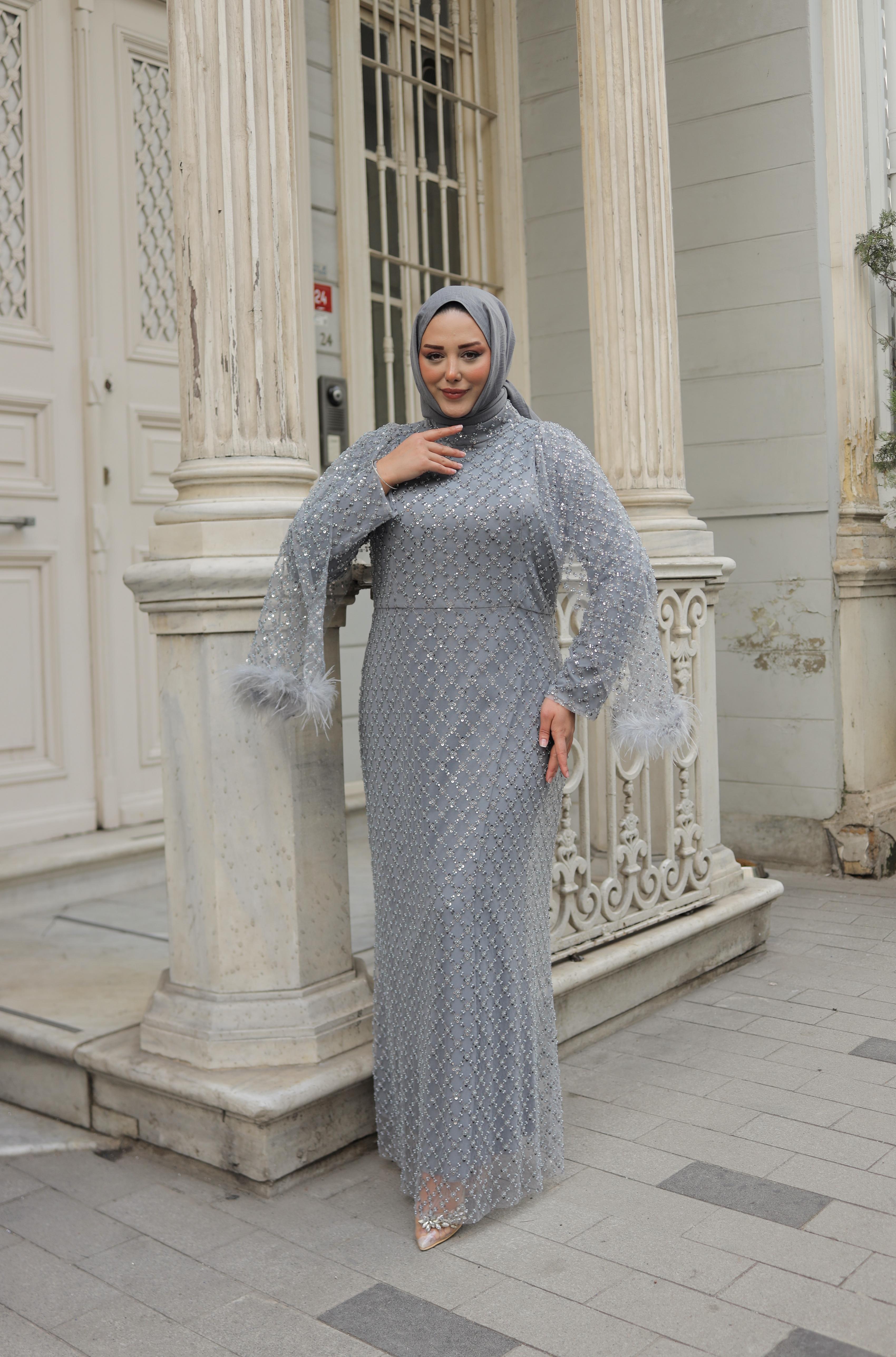 Beaded Embroidered Feathered Sleeve Plus Size Evening Dress 8381 - Gray