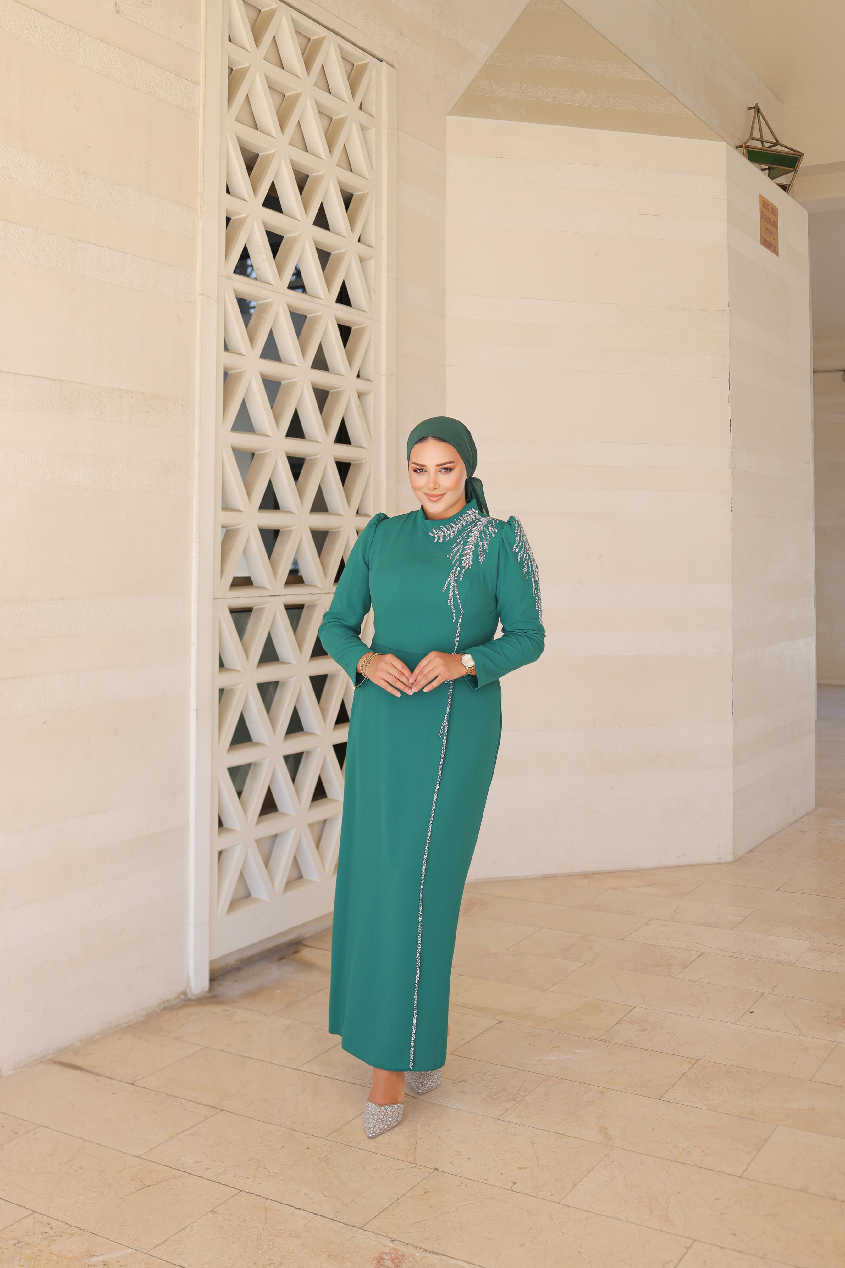 Stone-Embroidered Plus Size Crepe Dress 8287 - Emerald