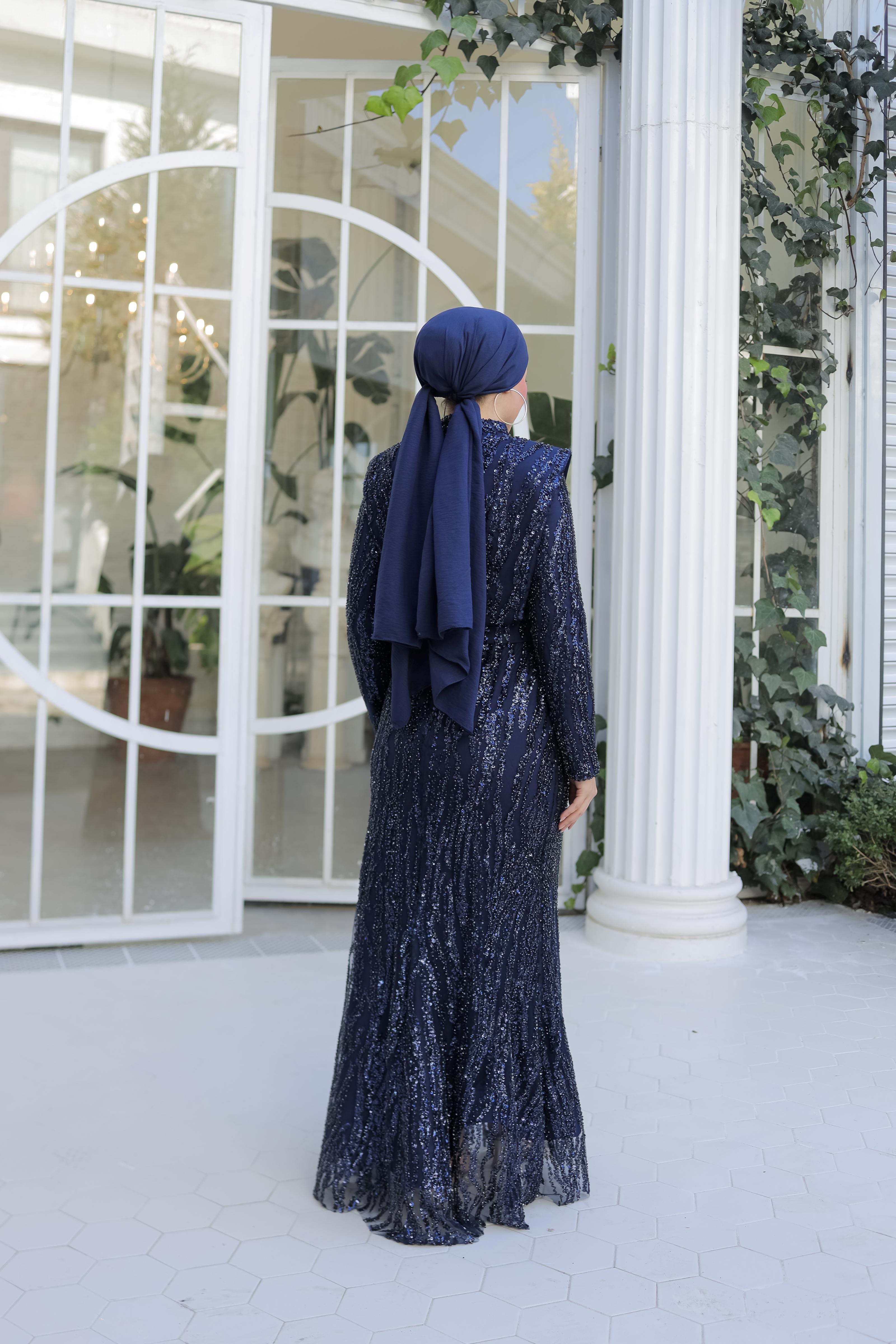 Boncuk İşlemeli Abiye 8438 - Navy Blue