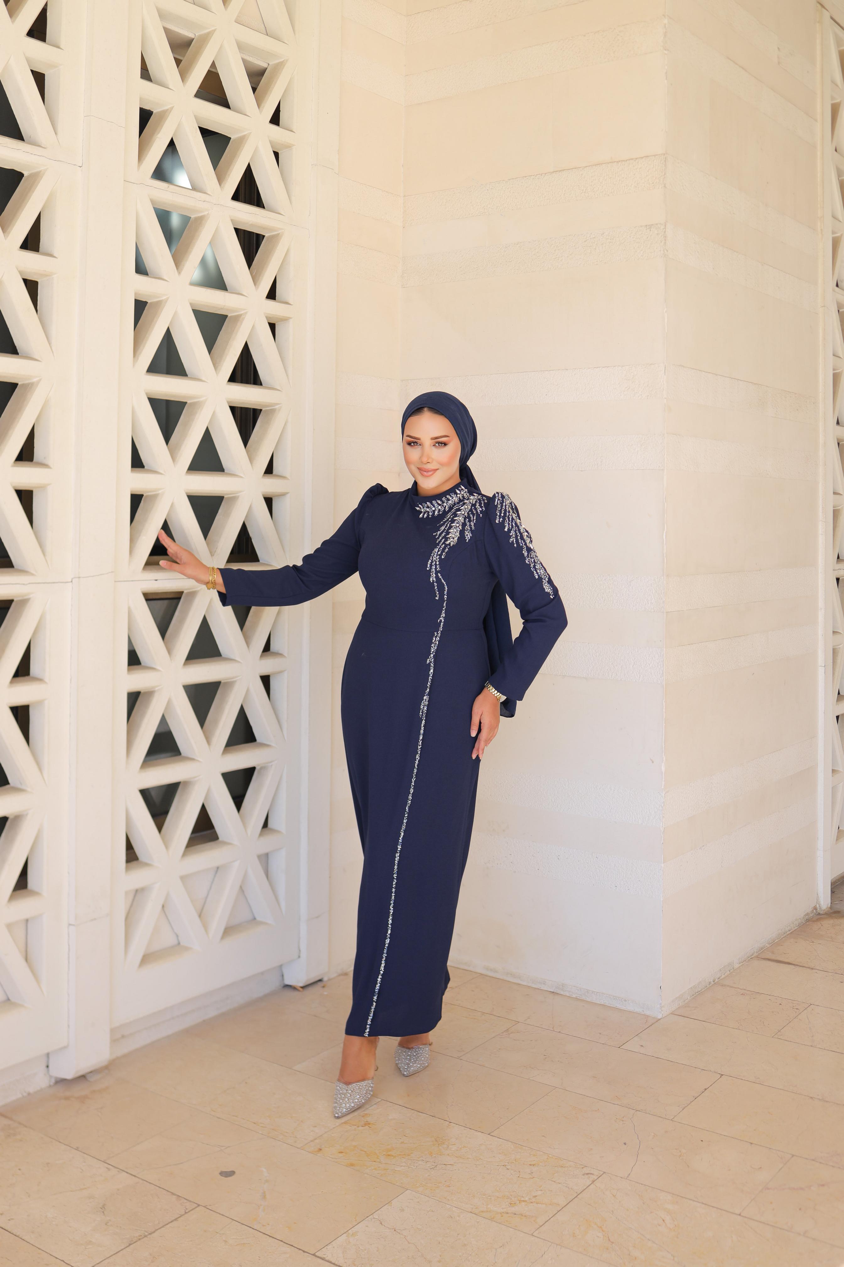 Stone-Embroidered Plus Size Crepe Dress 8287 - Navy Blue