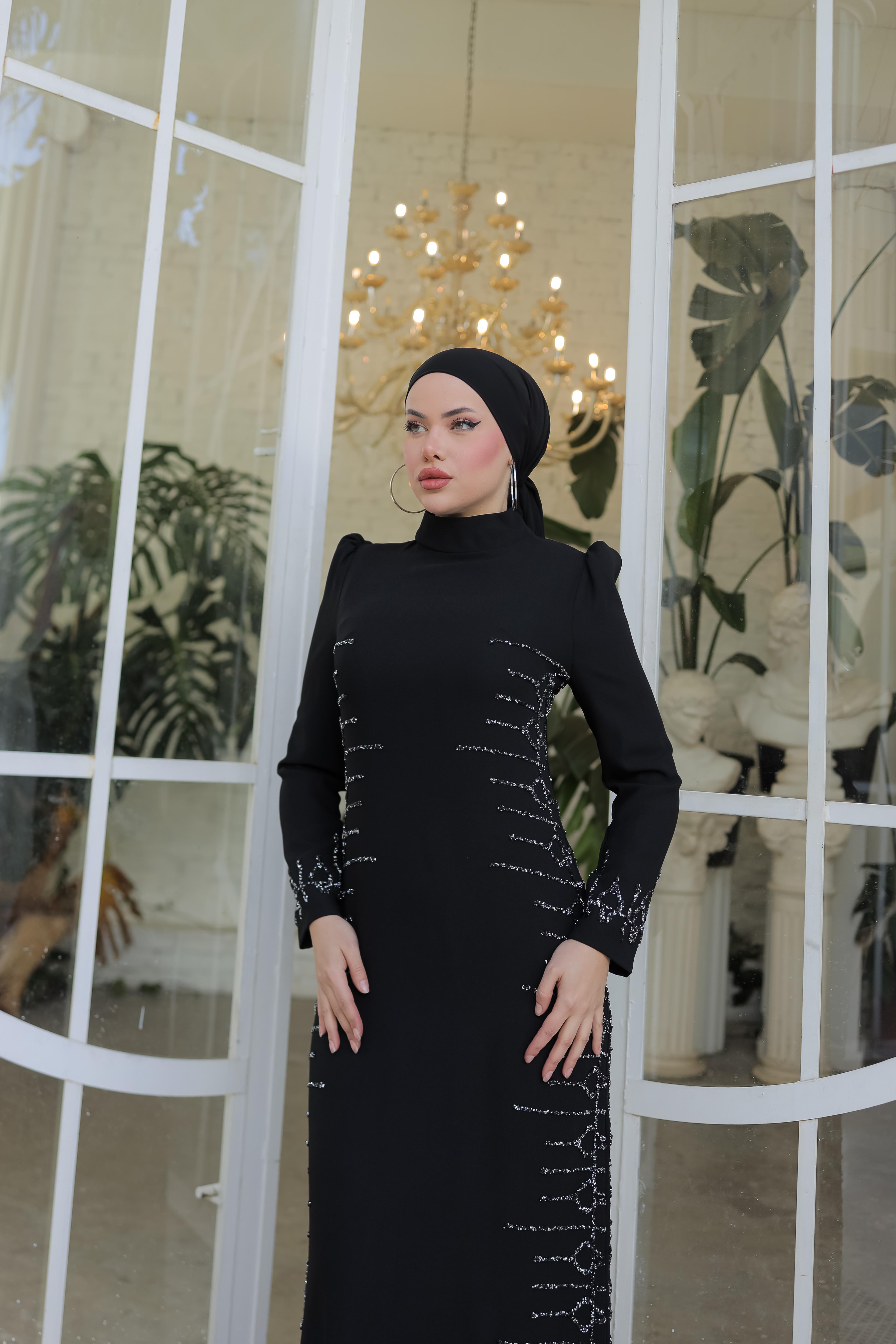 Taş İşlemeli Krep Elbise 8344 - Black