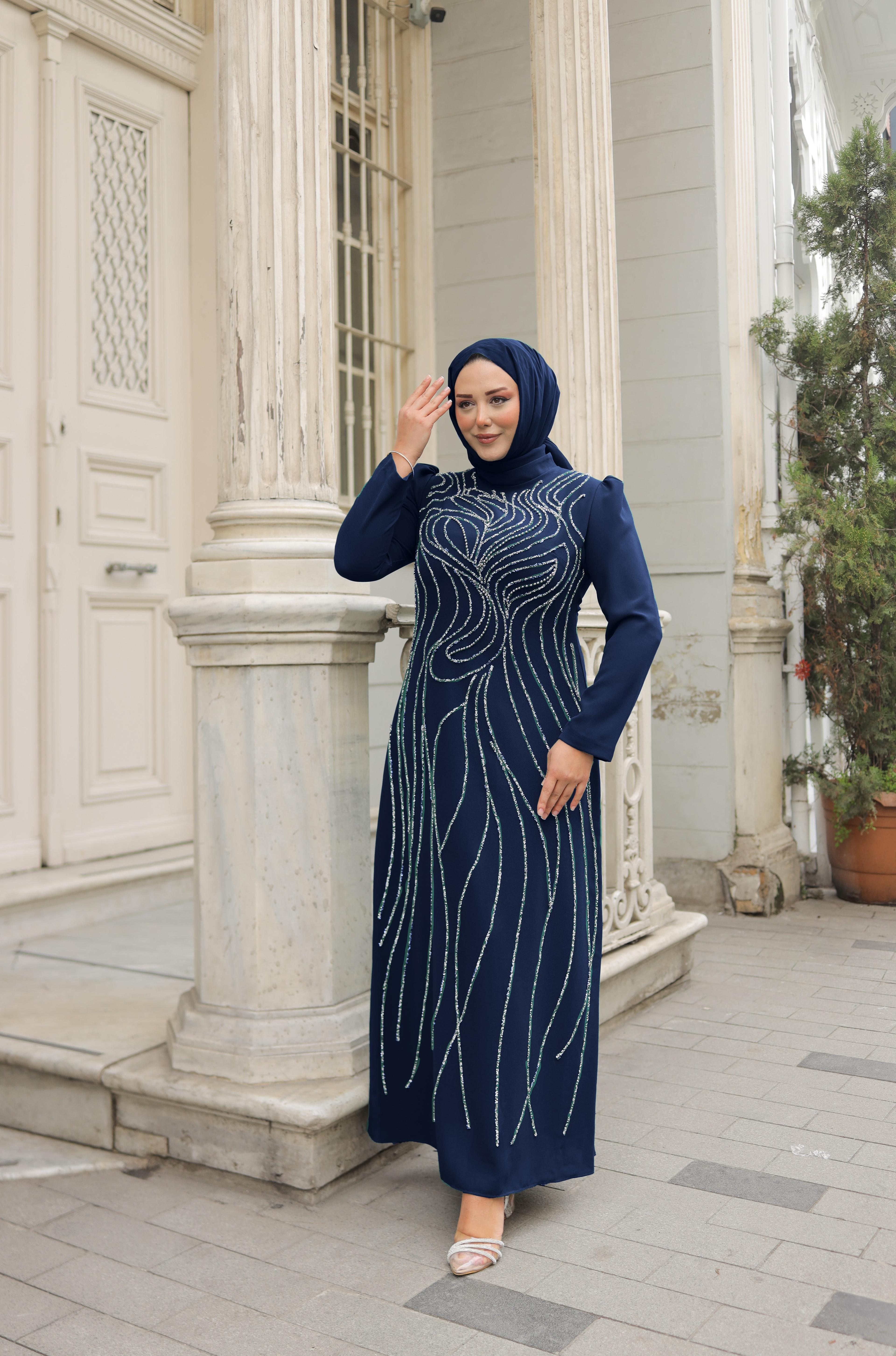 Stone Embroidered Plus Size Crepe Evening Dress 8373 - Navy Blue