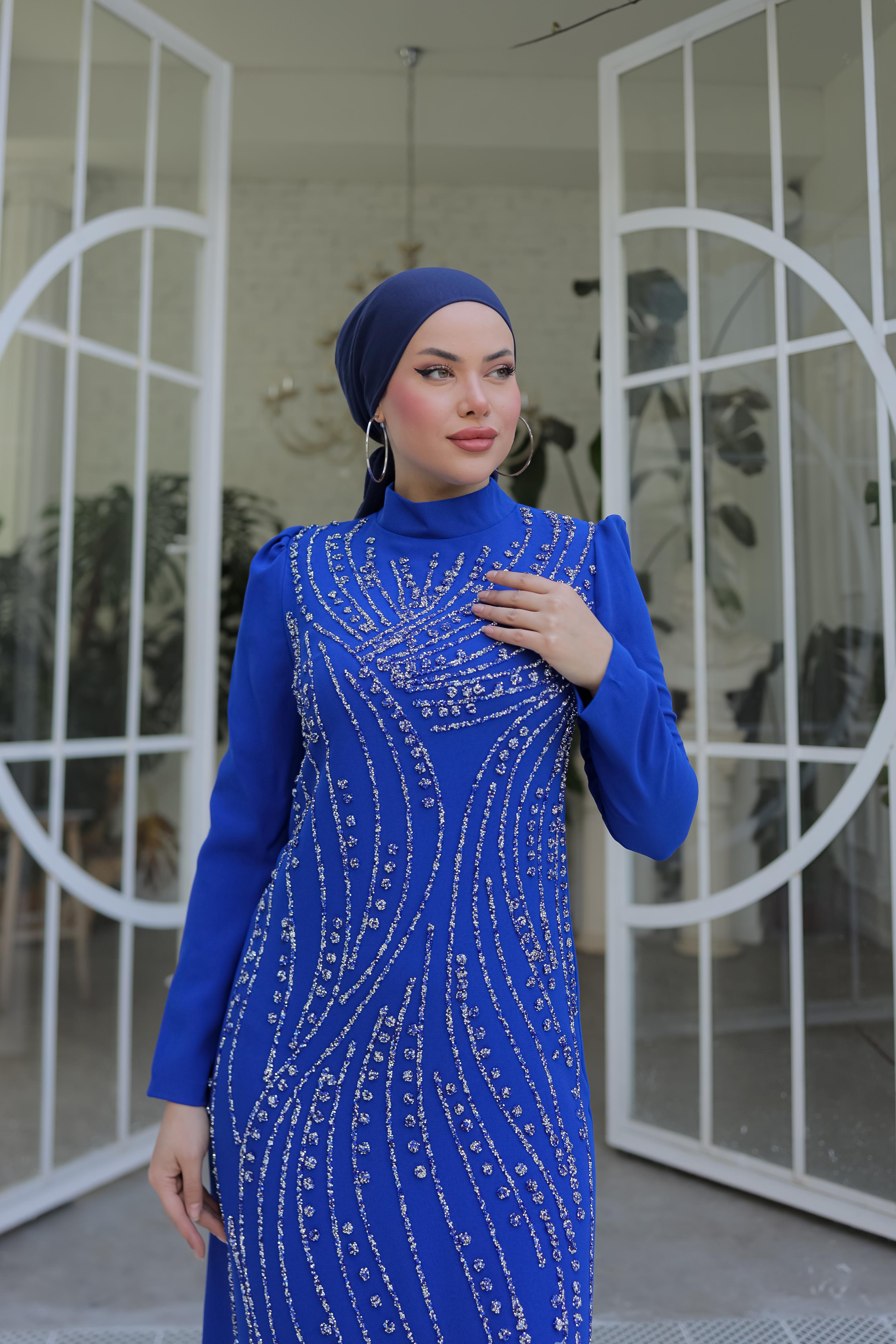 Taş İşlemeli Krep Abiye 8375 - Cobalt Blue