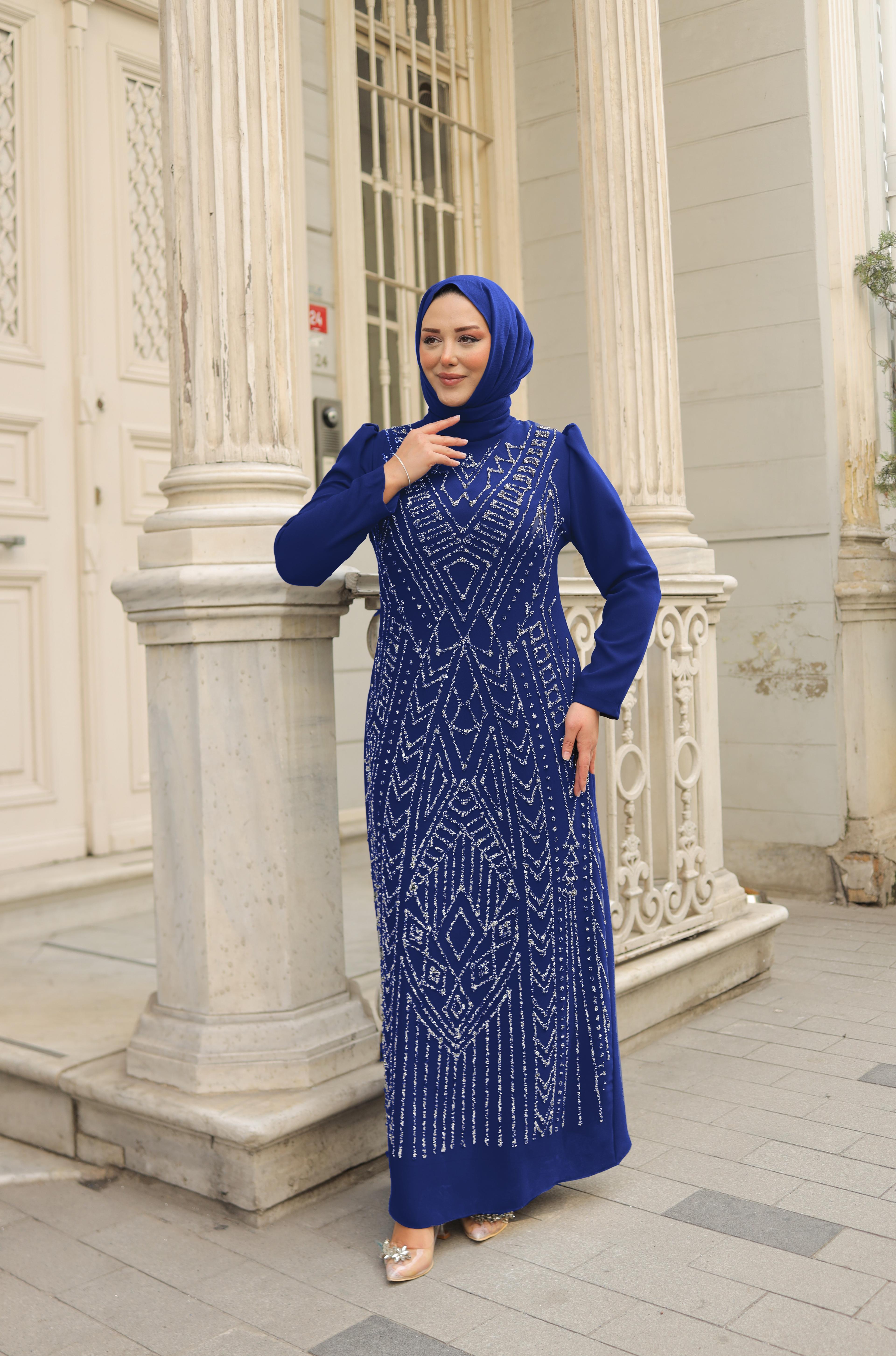 Stone Embroidered Plus Size Crepe Evening Dress 8374 - Cobalt Blue