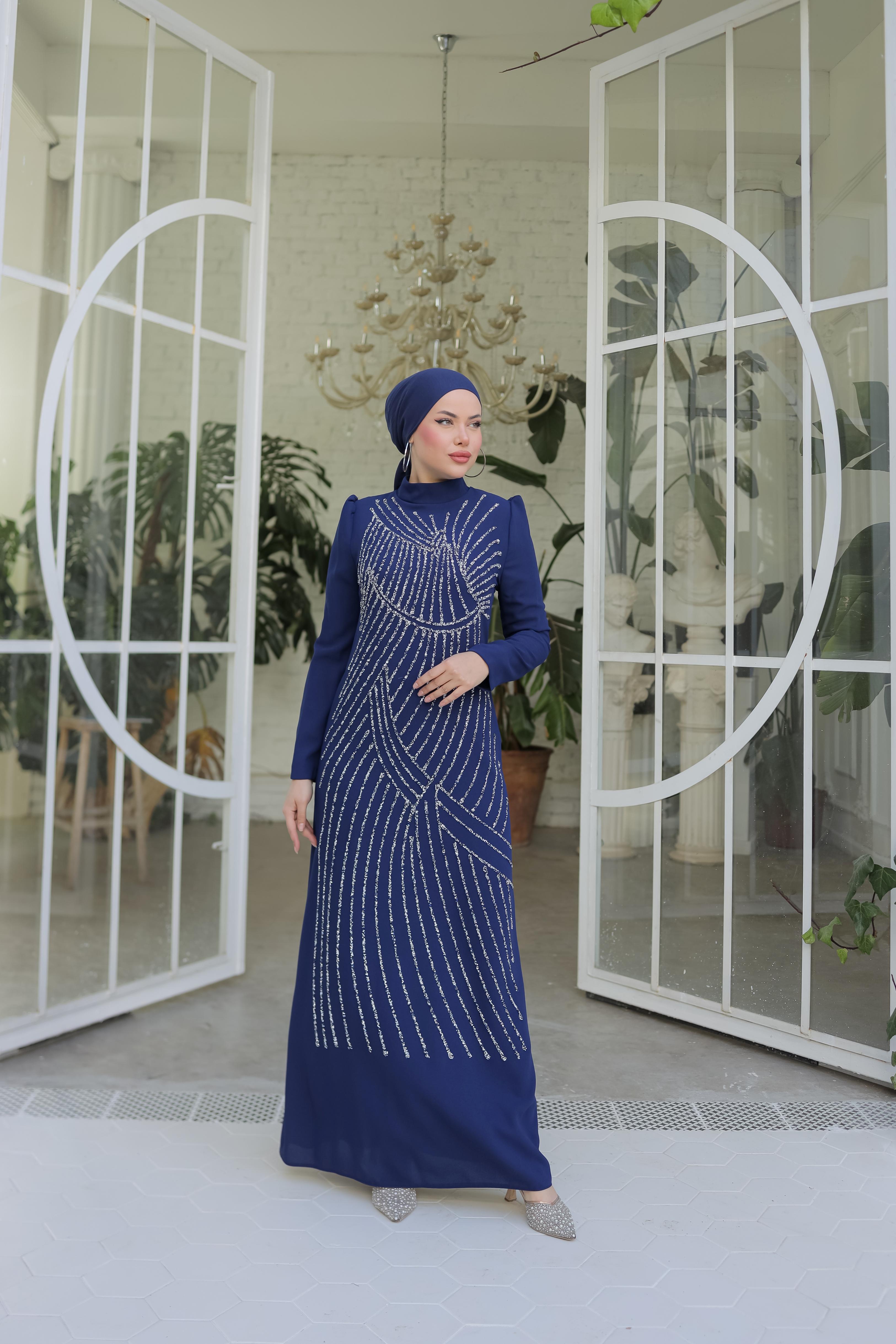 Taş İşlemeli Krep Abiye 8376 - Navy Blue