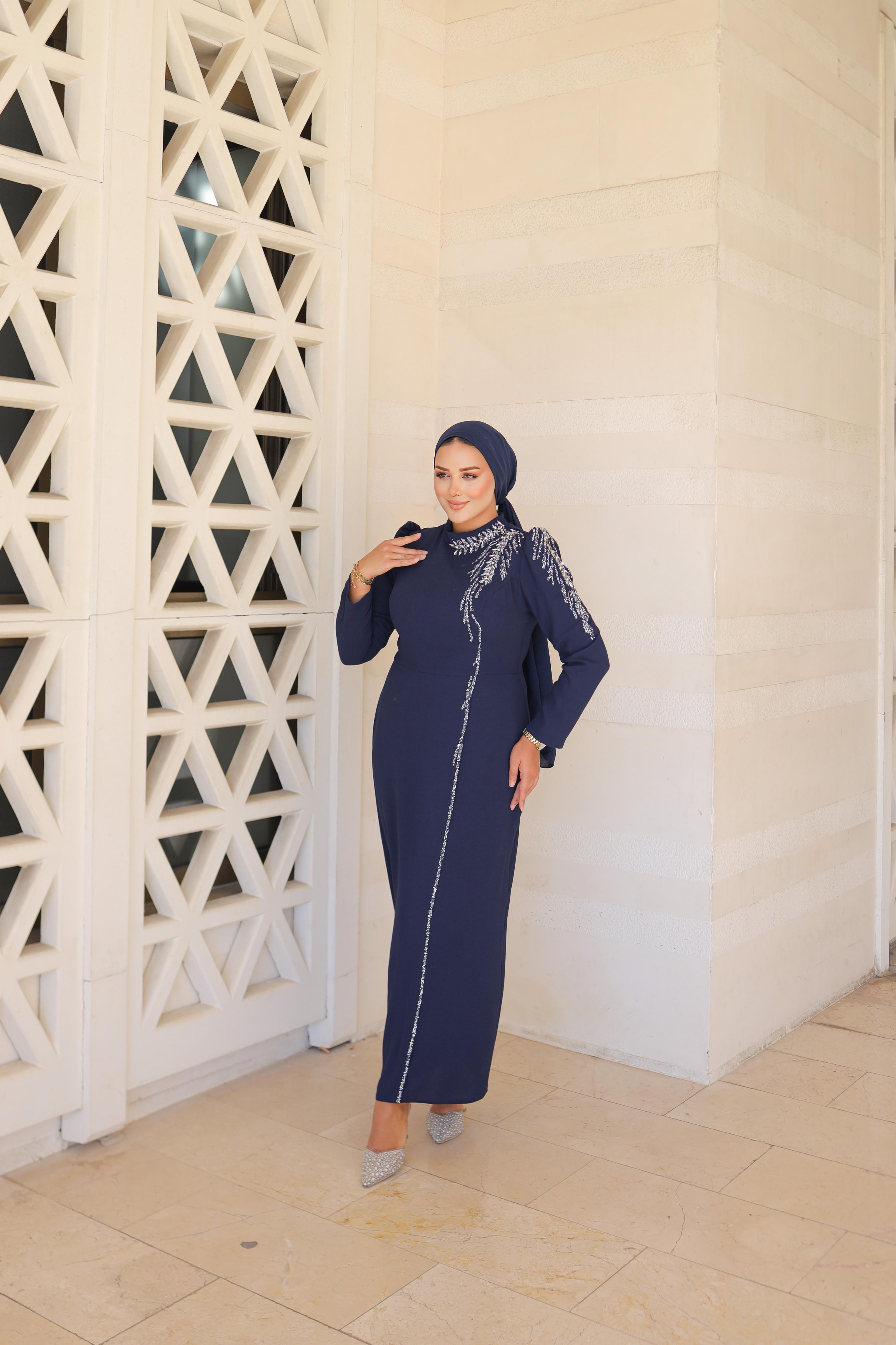 Stone-Embroidered Plus Size Crepe Dress 8287 - Navy Blue
