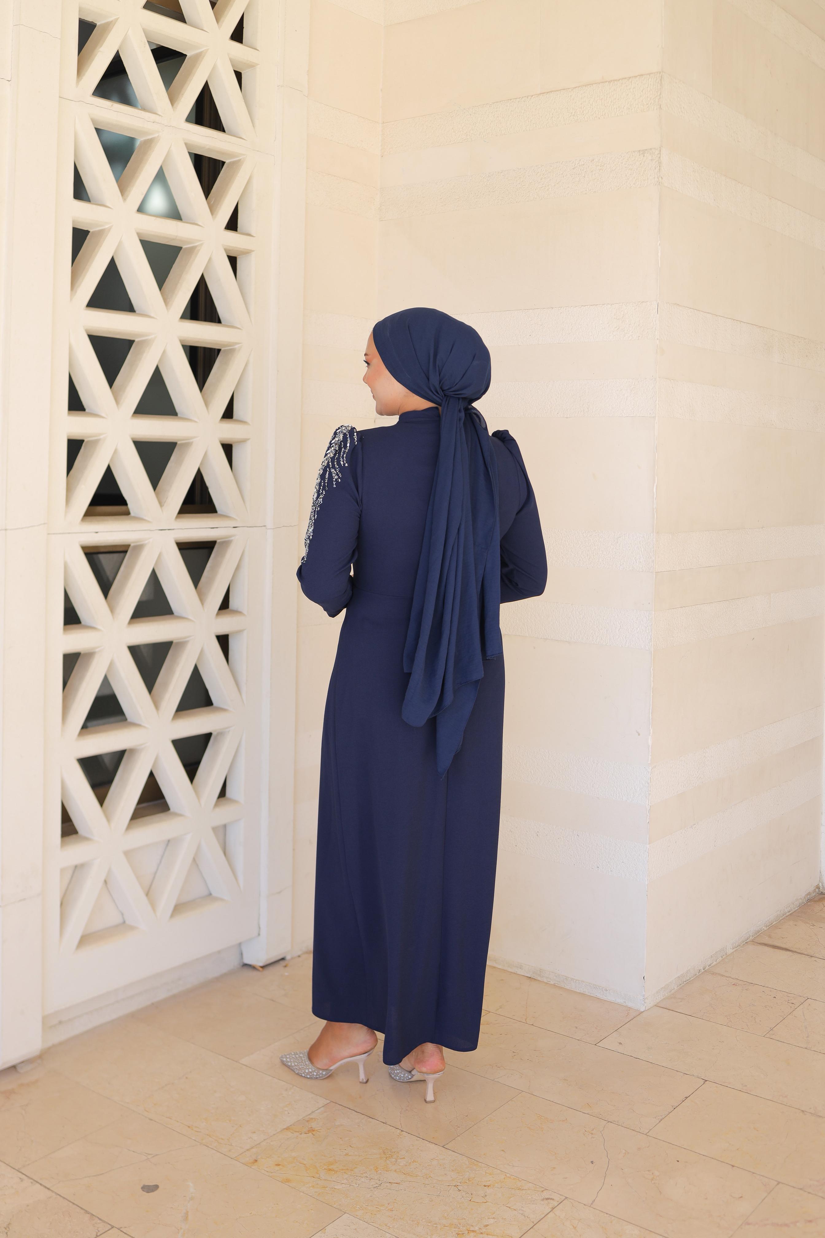 Stone-Embroidered Plus Size Crepe Dress 8287 - Navy Blue