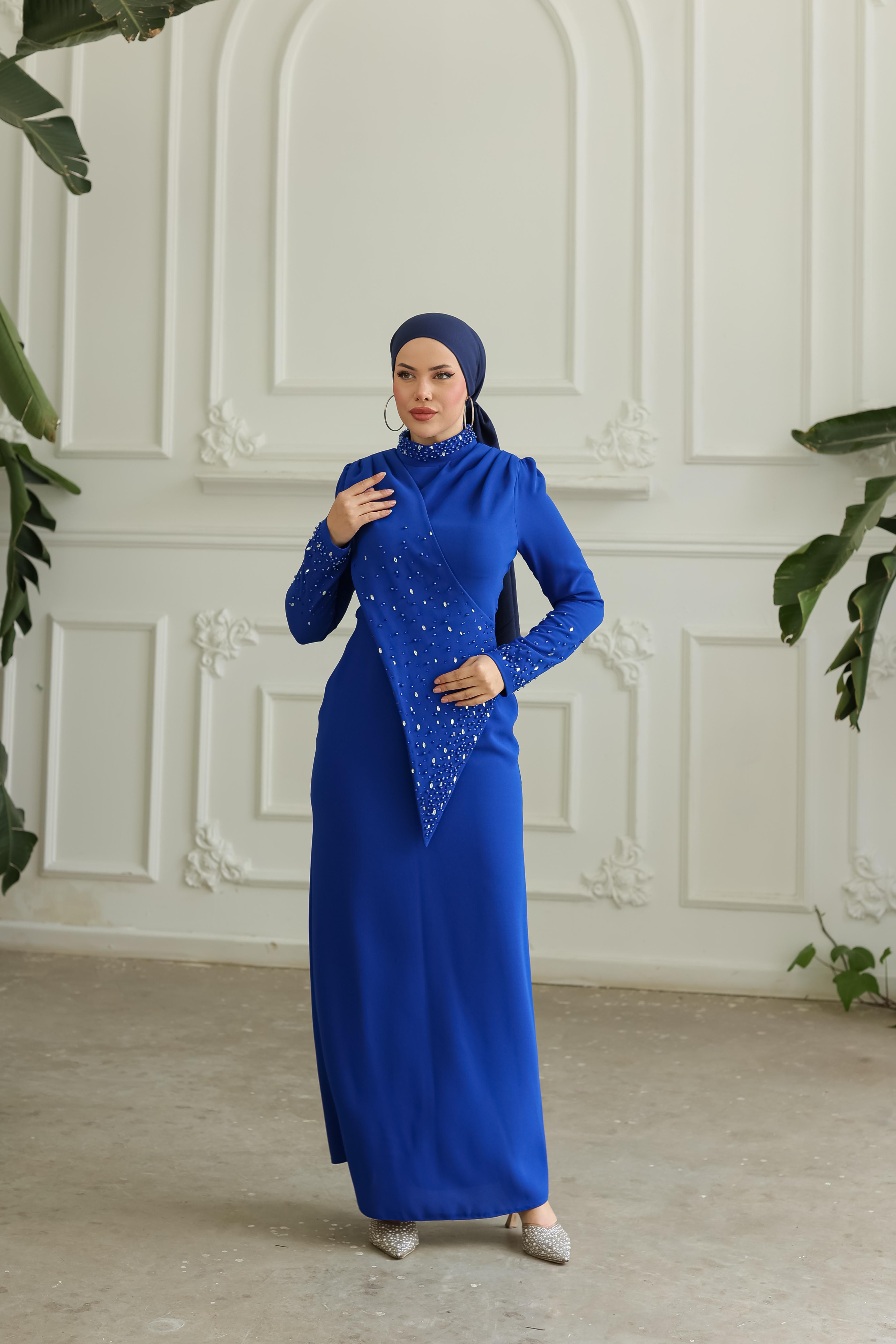 Boncuk İşlemeli Elbise 8366 - Cobalt Blue