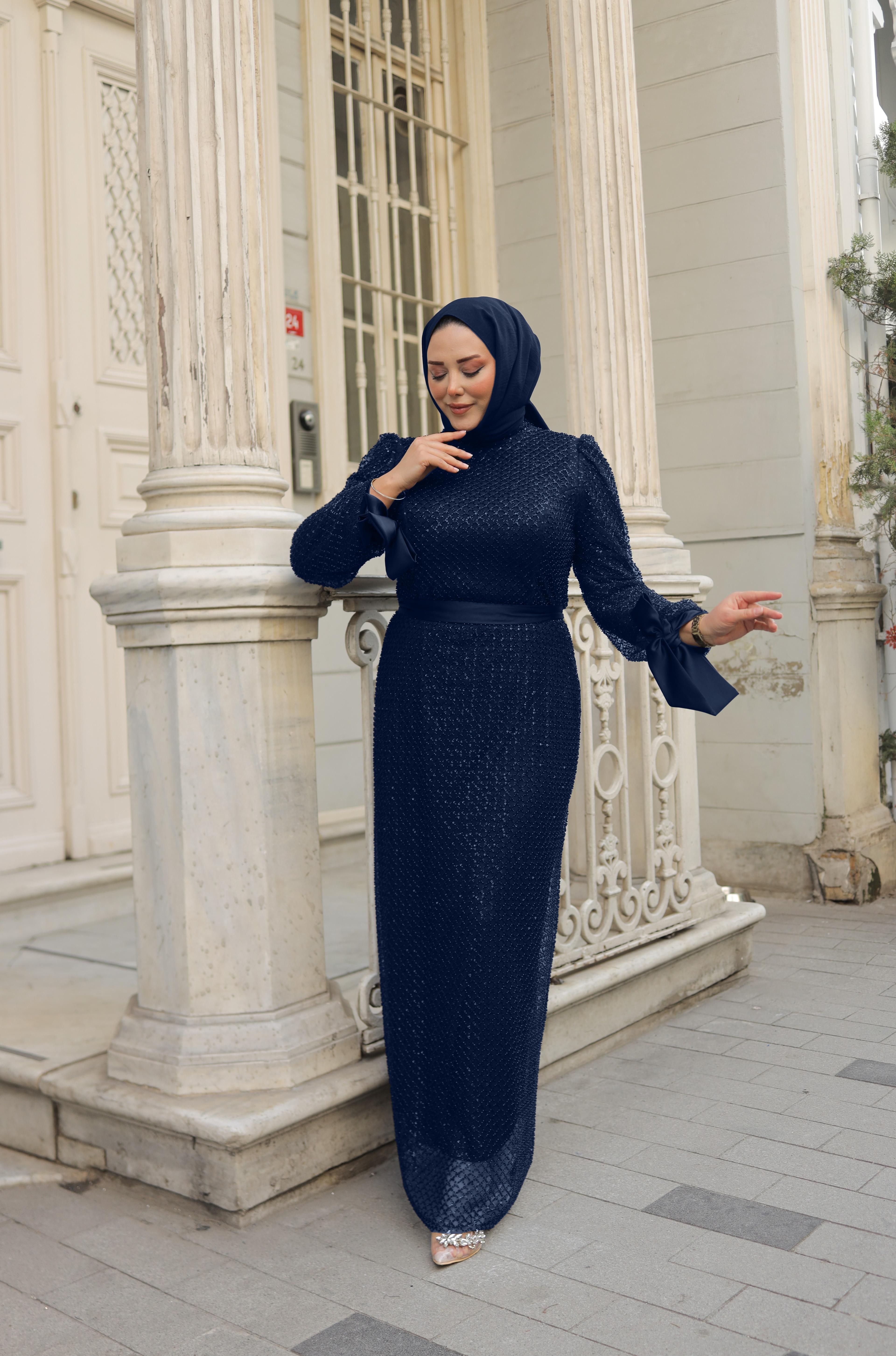 Beaded Embroidered Sleeve Tie Plus Size Evening Dress 8338 - Navy Blue