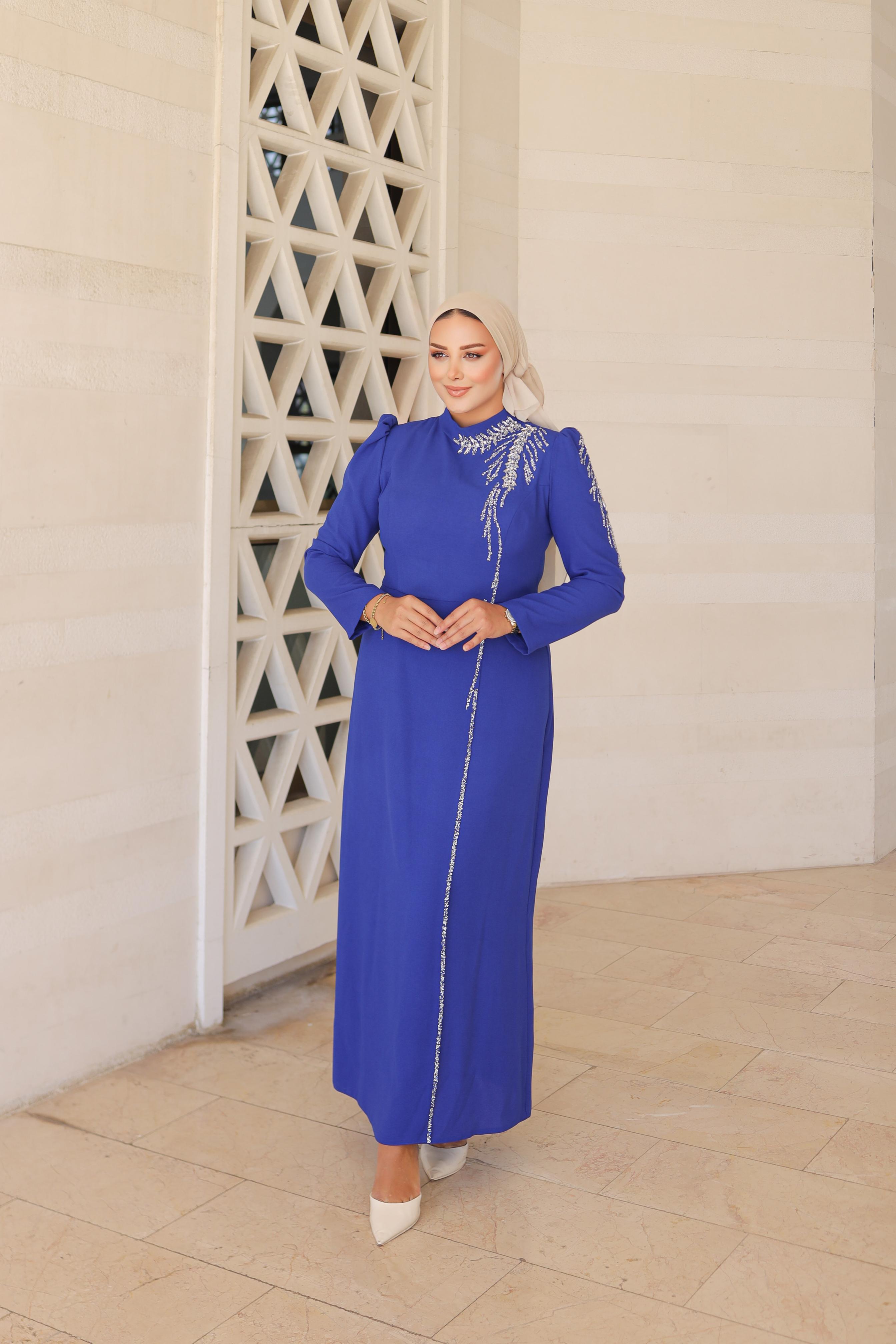 Stone-Embroidered Plus Size Crepe Dress 8287 - Cobalt Blue