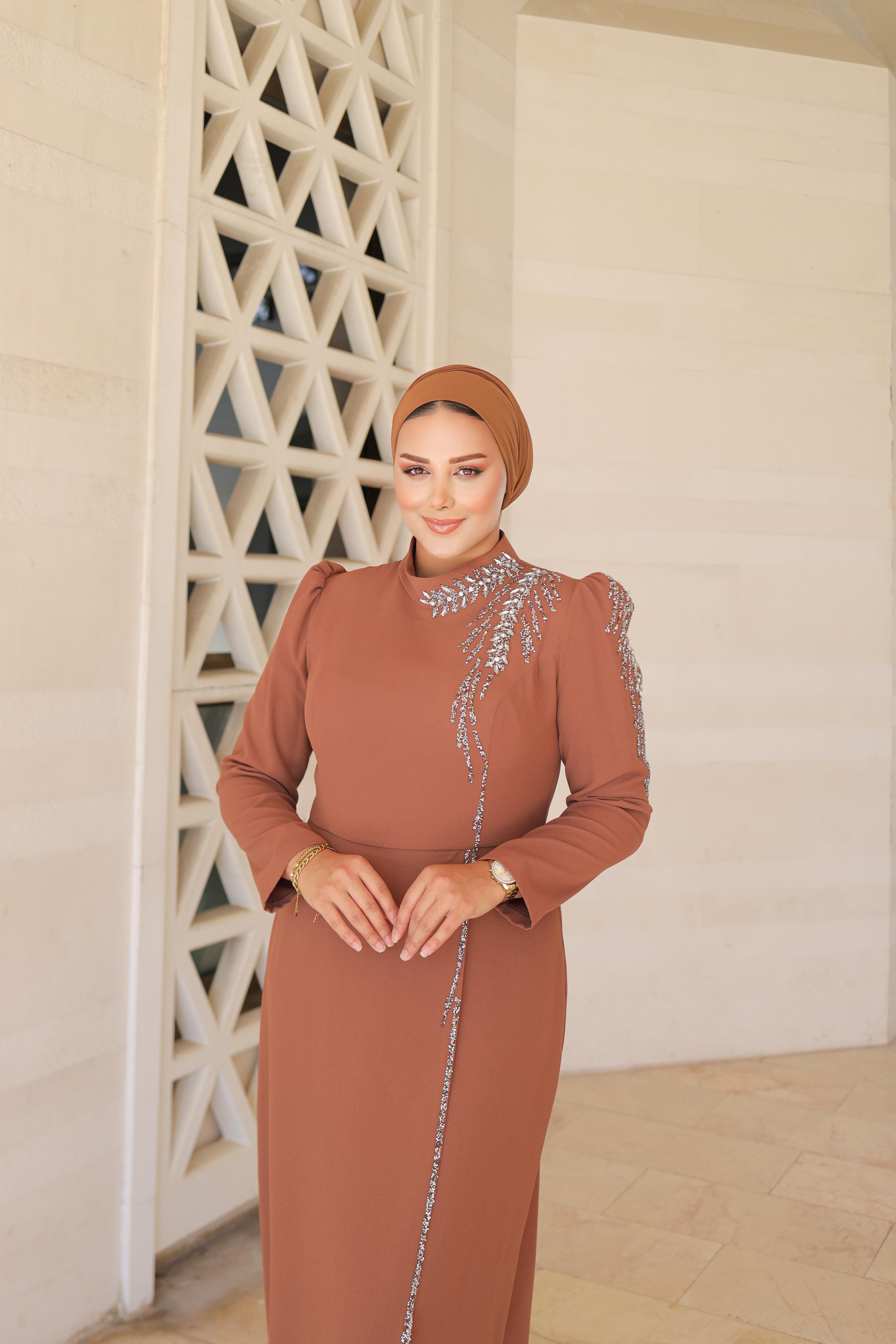 Stone-Embroidered Plus Size Crepe Dress 8287 - Brown