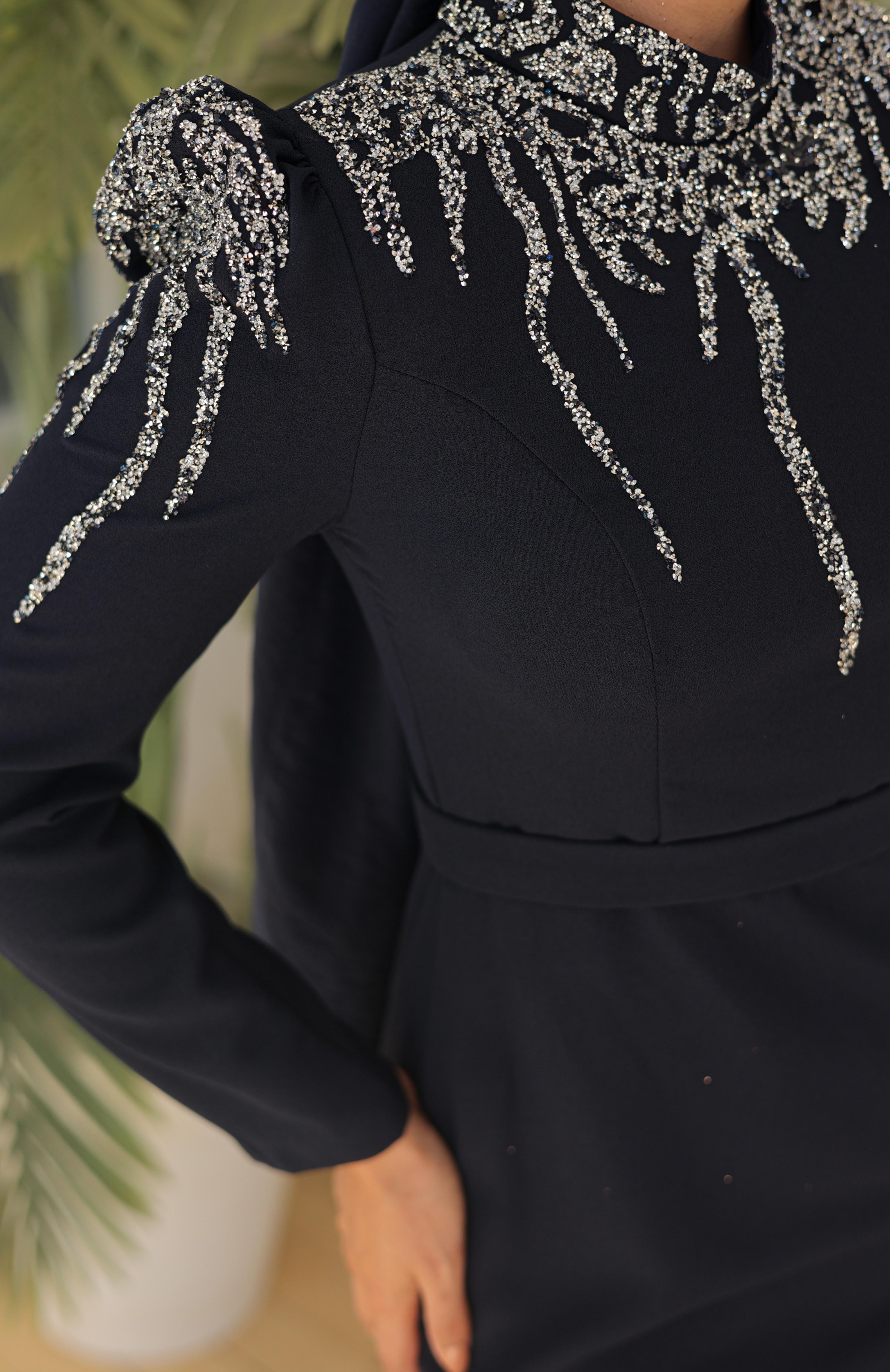 Stone Embroidered Crepe Dress 8215 - Black