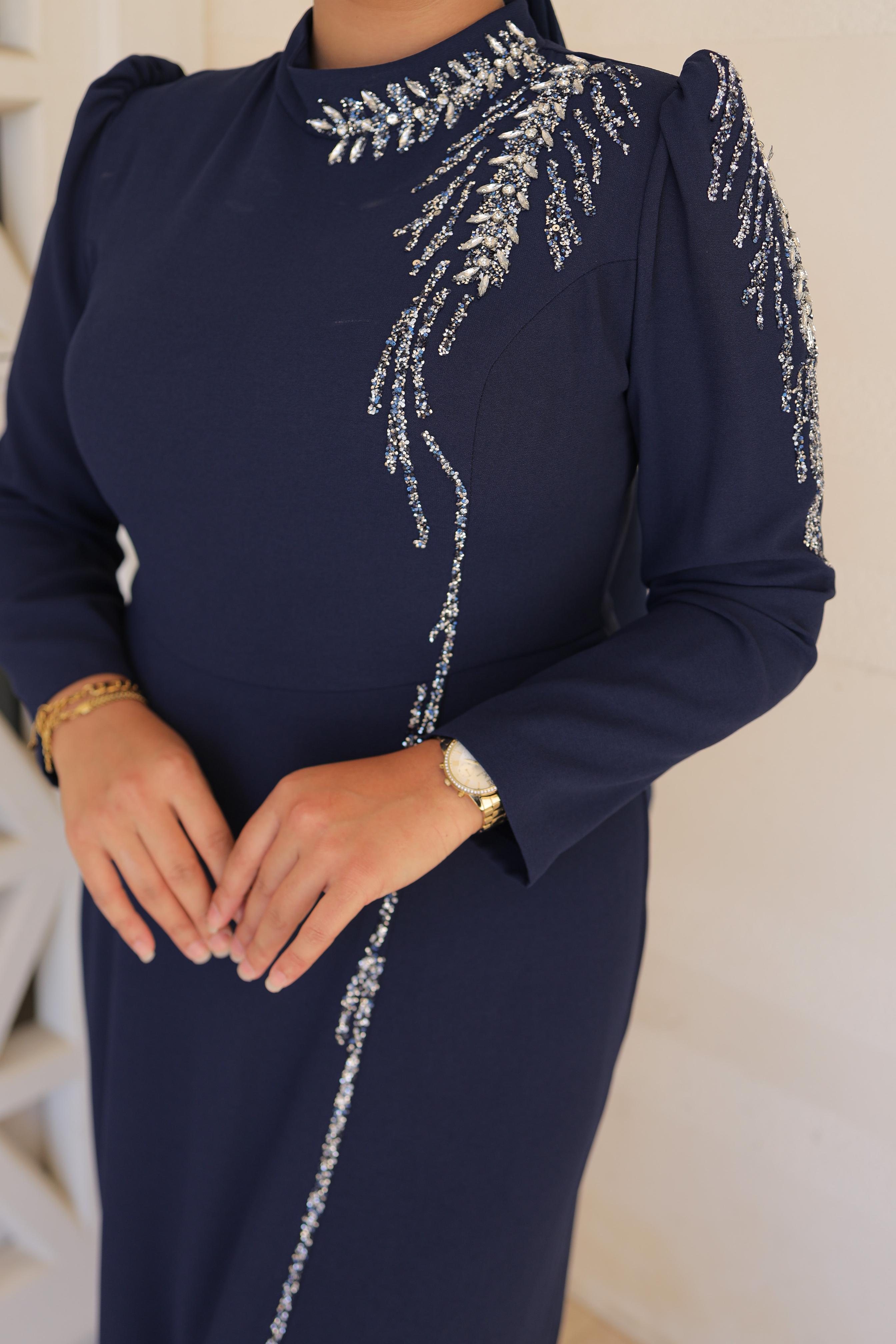 Stone-Embroidered Plus Size Crepe Dress 8287 - Navy Blue