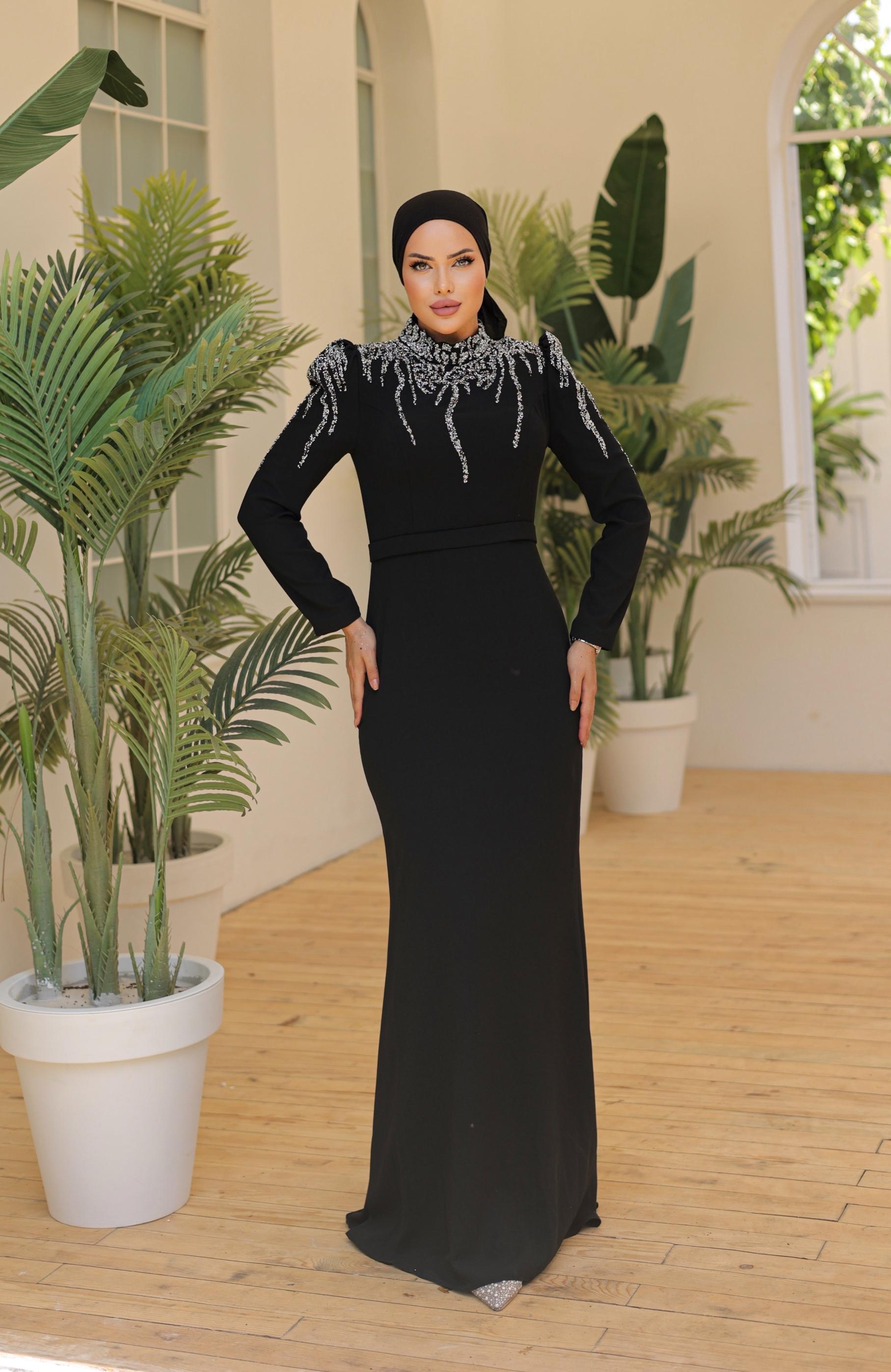 Stone Embroidered Crepe Dress 8215 - Black