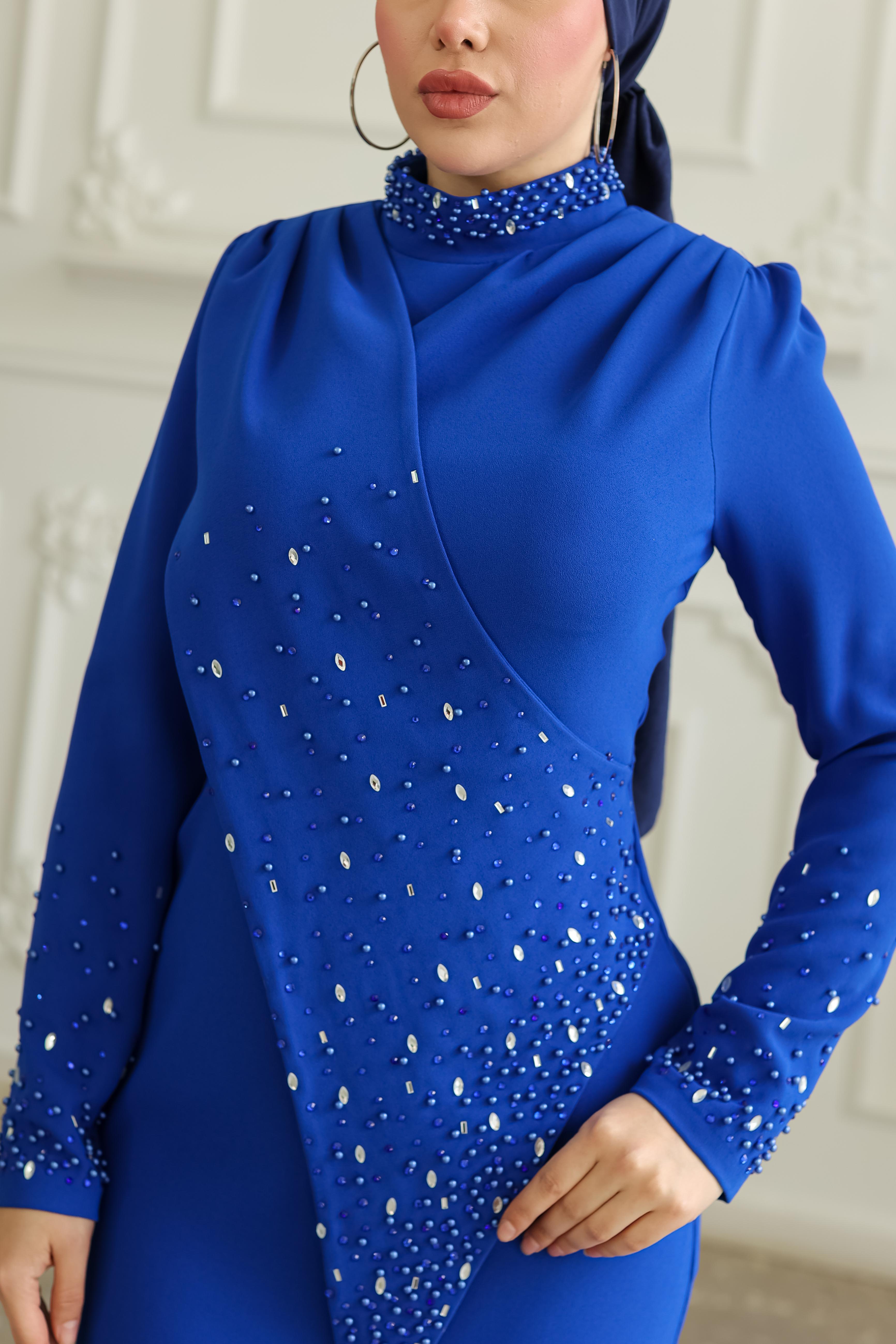 Boncuk İşlemeli Elbise 8366 - Cobalt Blue