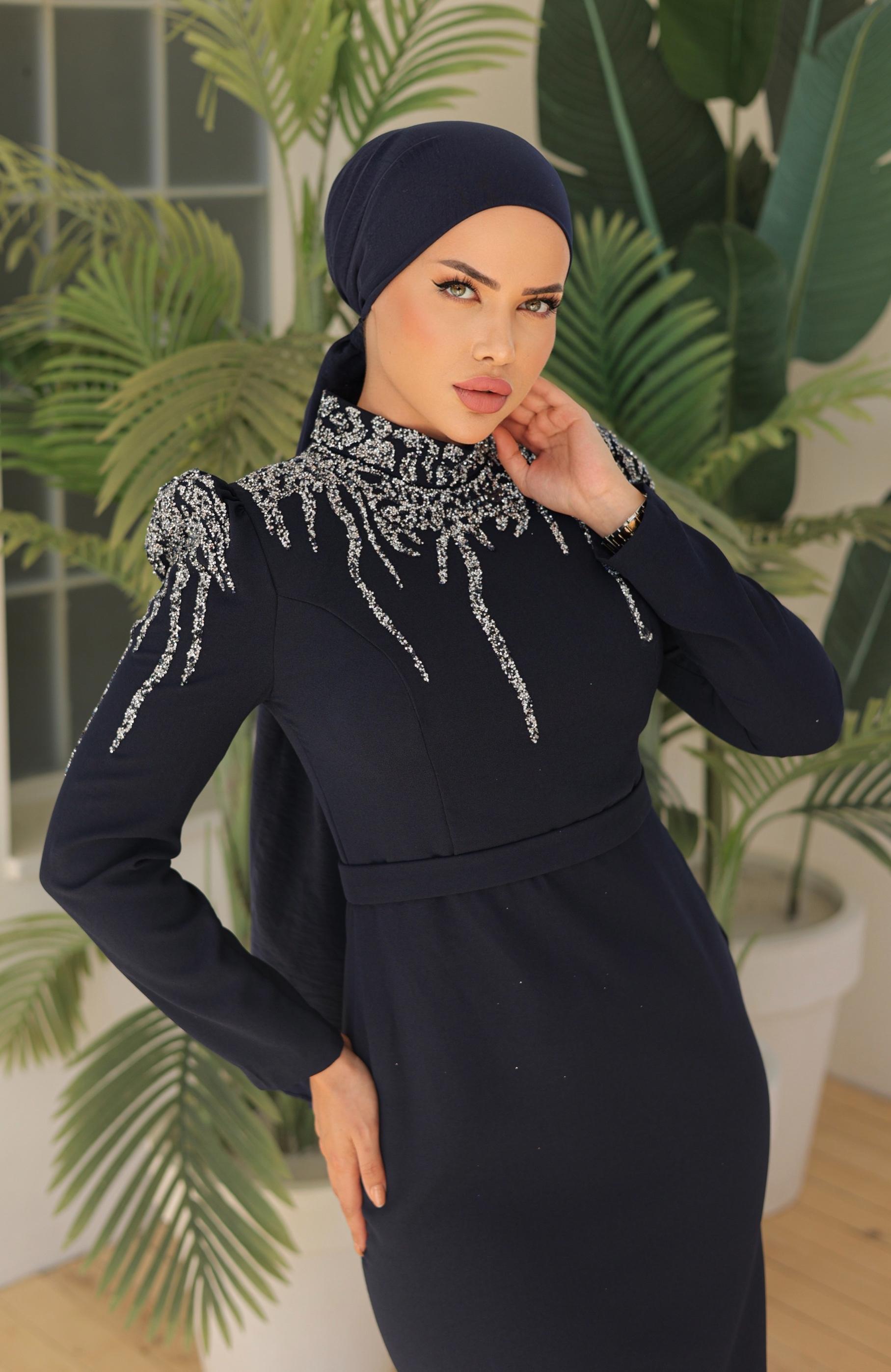 Stone Embroidered Crepe Dress 8215 - Black