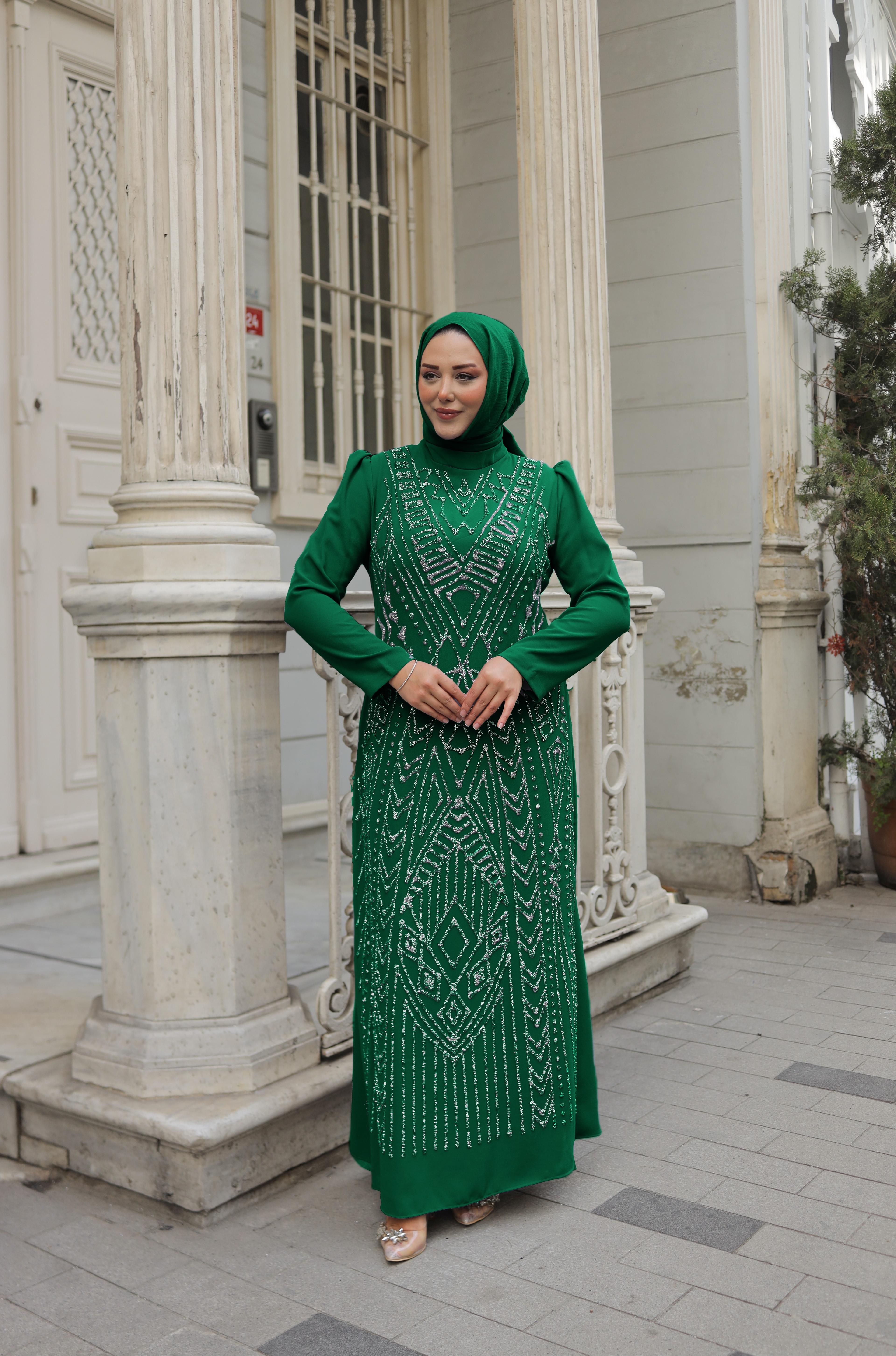 Stone Embroidered Plus Size Crepe Evening Dress 8374 - Emerald