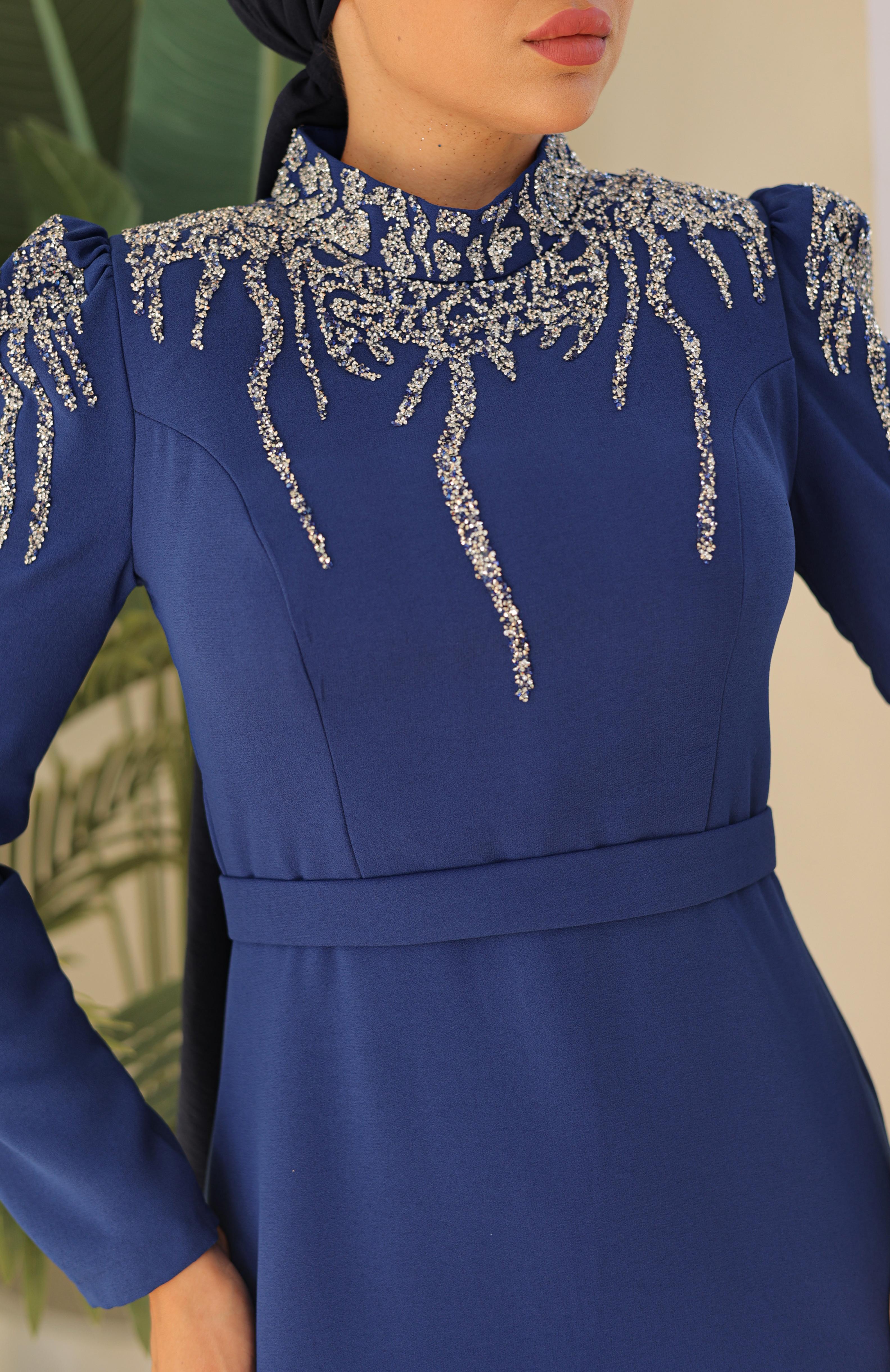 Stone Embroidered Crepe Dress 8215 - Navy Blue