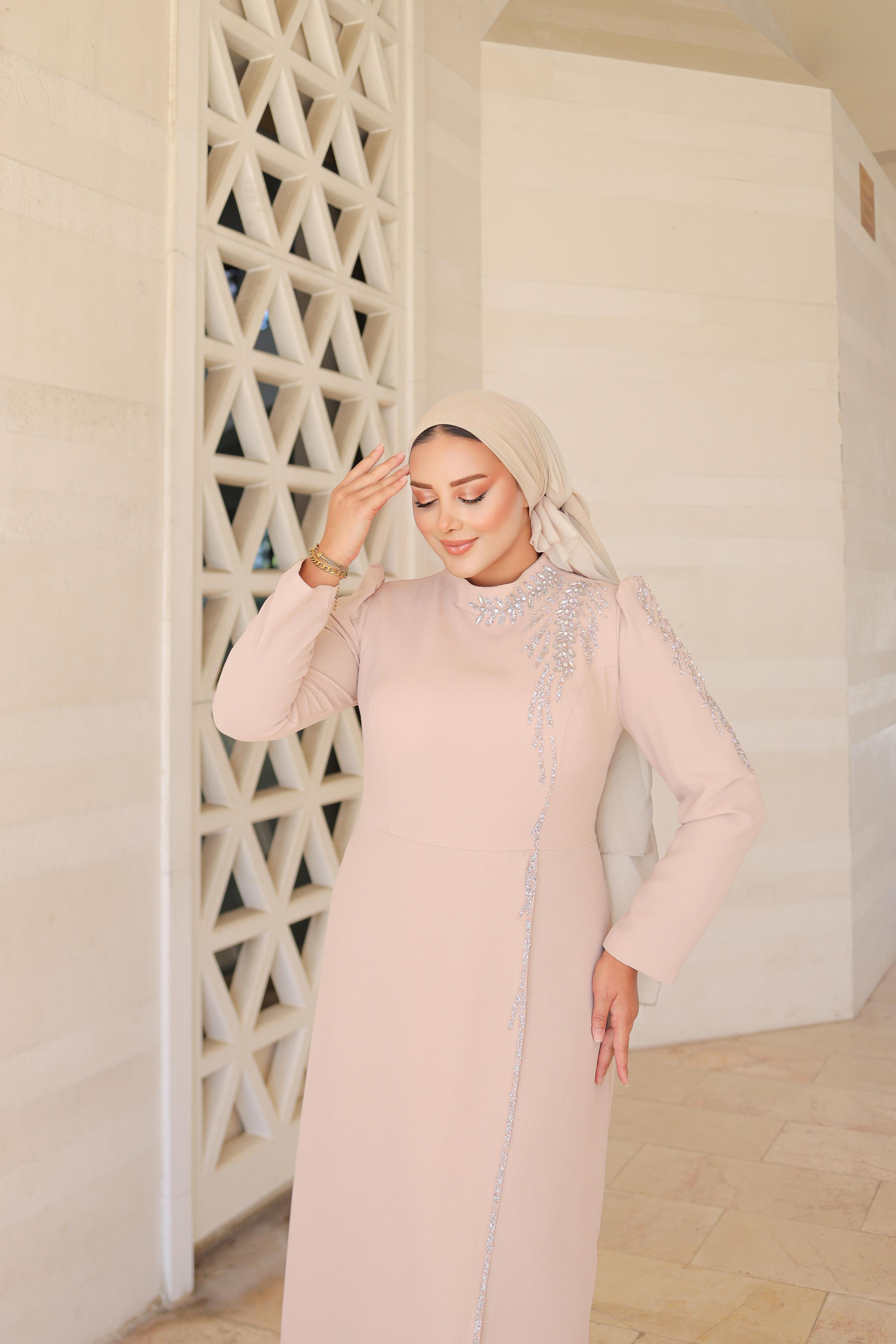 Stone-Embroidered Plus Size Crepe Dress 8287 - Beige