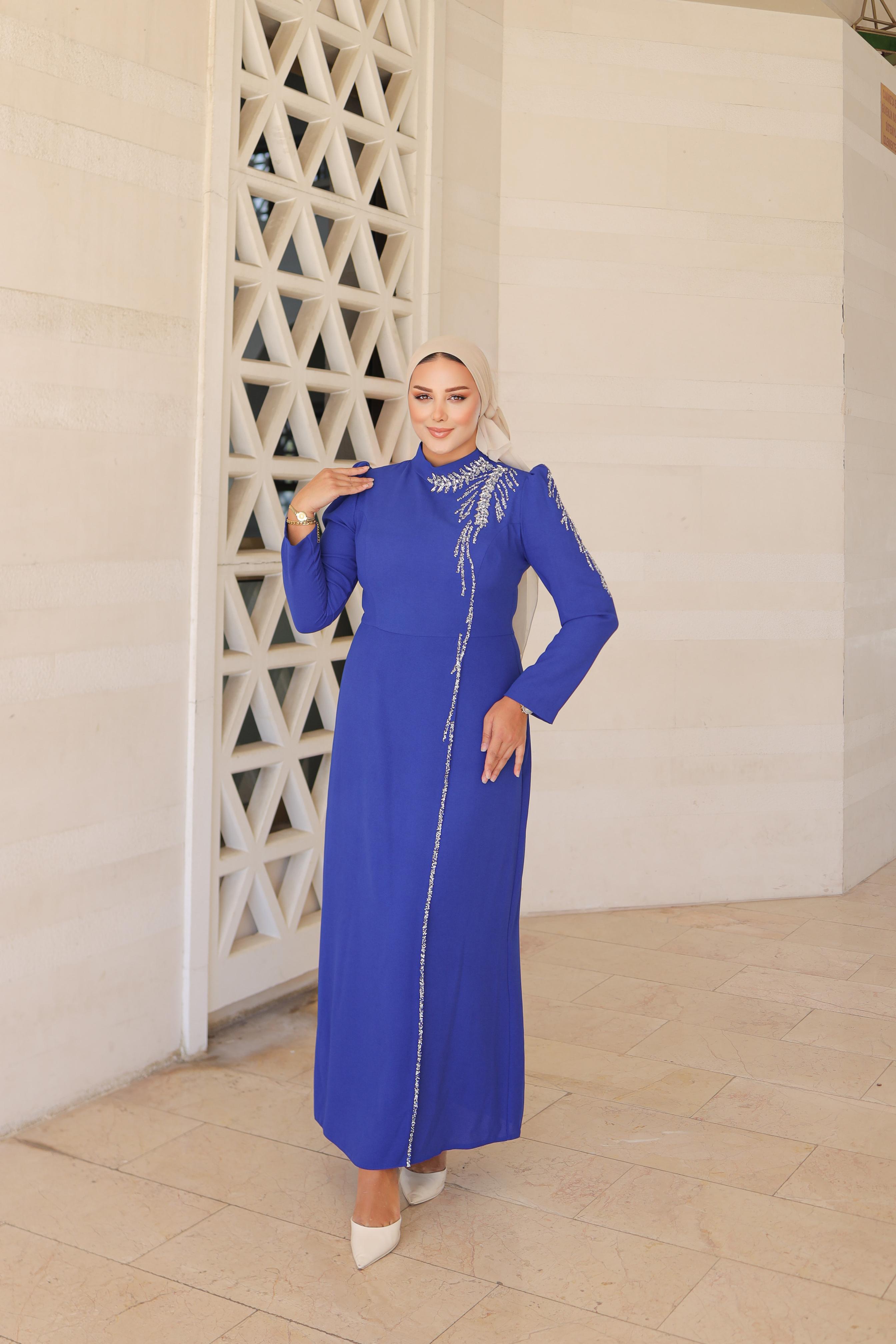 Stone-Embroidered Plus Size Crepe Dress 8287 - Cobalt Blue