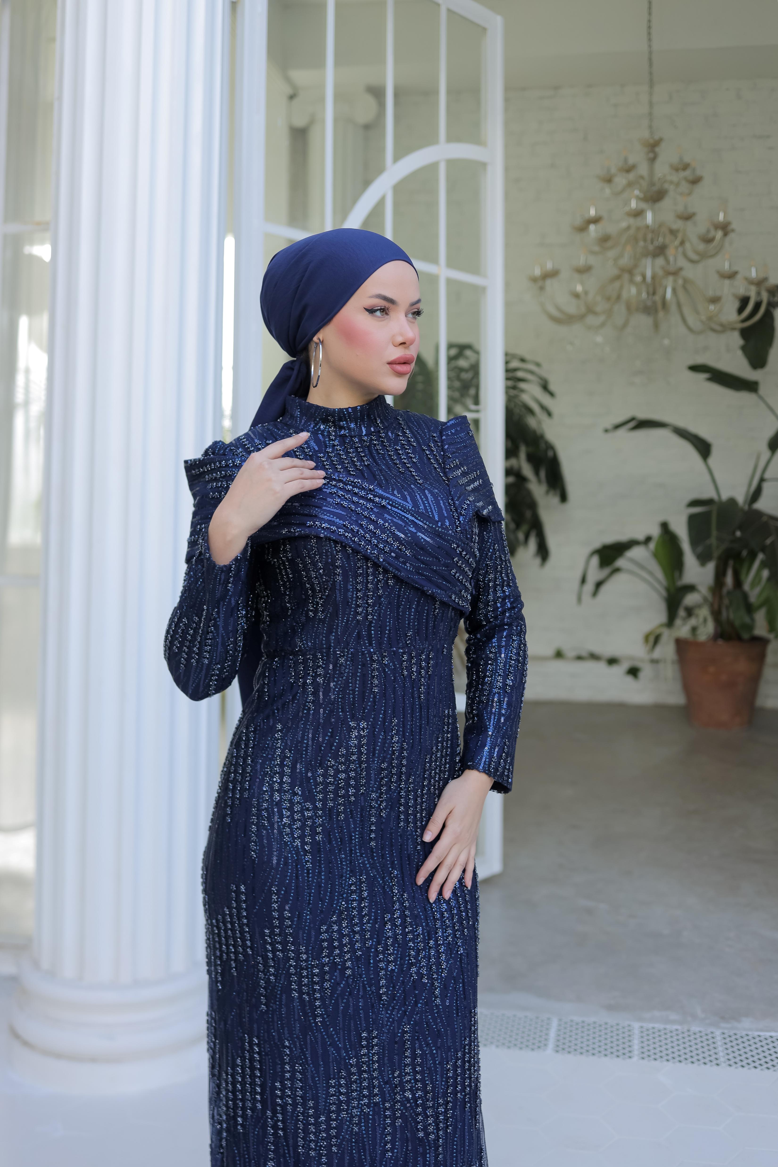 Boncuk İşlemeli Abiye 8427 - Navy Blue