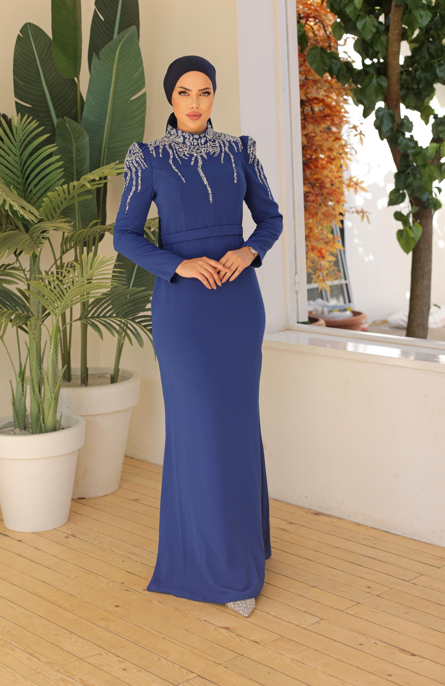 Stone Embroidered Crepe Dress 8215 - Navy Blue