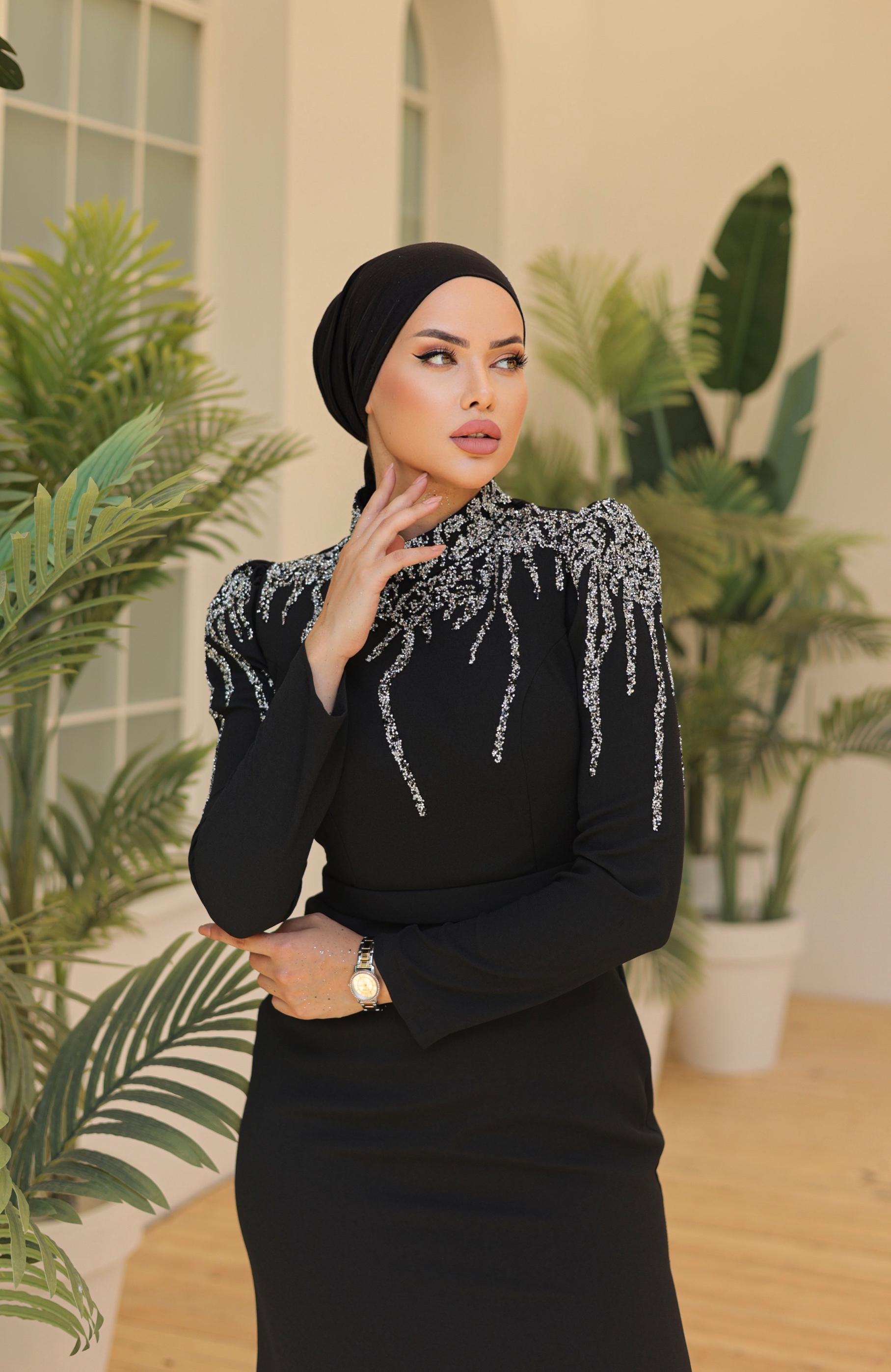 Stone Embroidered Crepe Dress 8215 - Black
