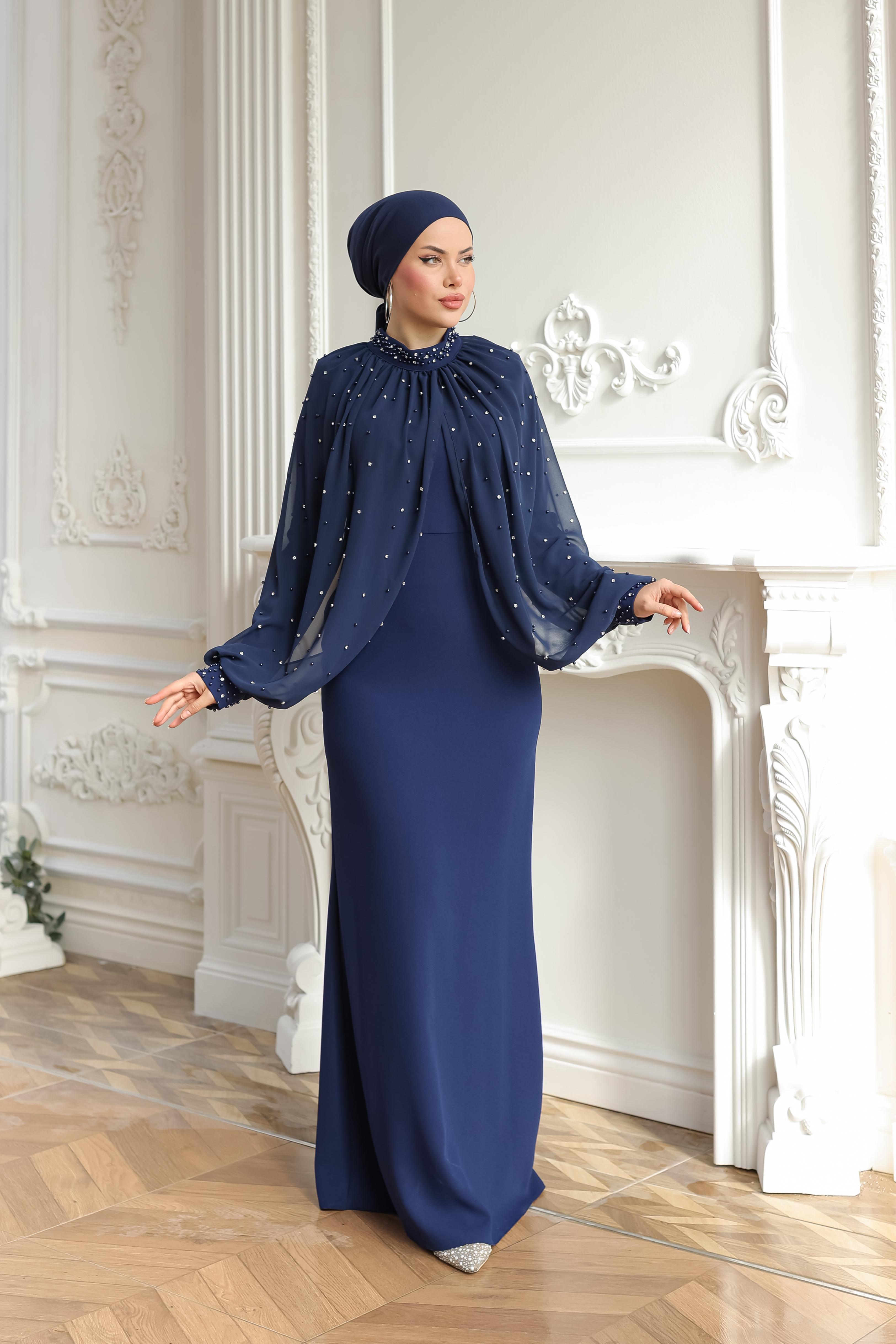 Taş Ve Boncuk İşlemeli Seyyar Pelerinli Elbise 8360 - Navy Blue