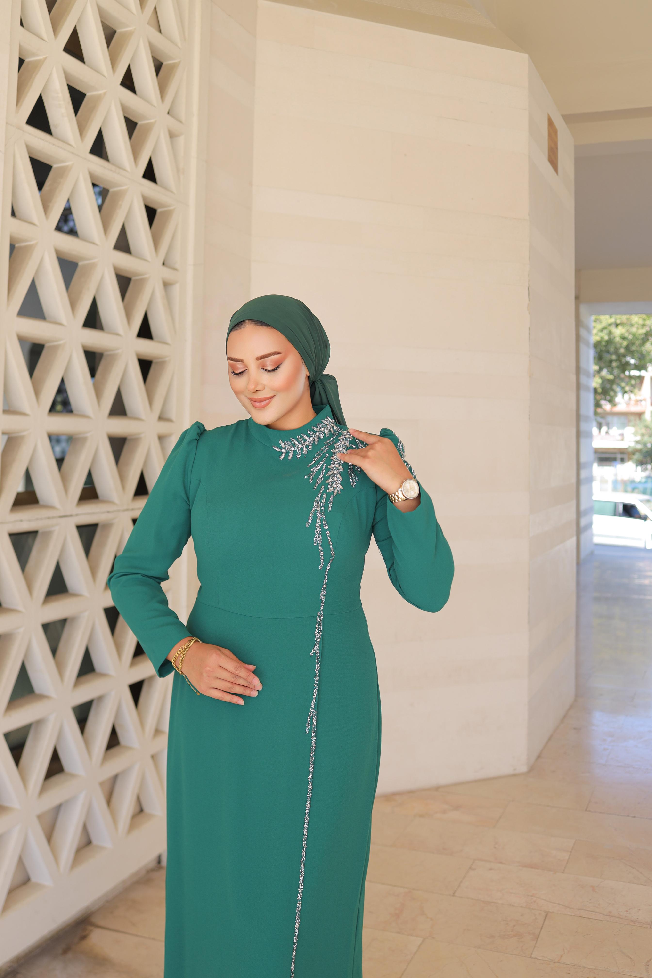 Stone-Embroidered Plus Size Crepe Dress 8287 - Emerald