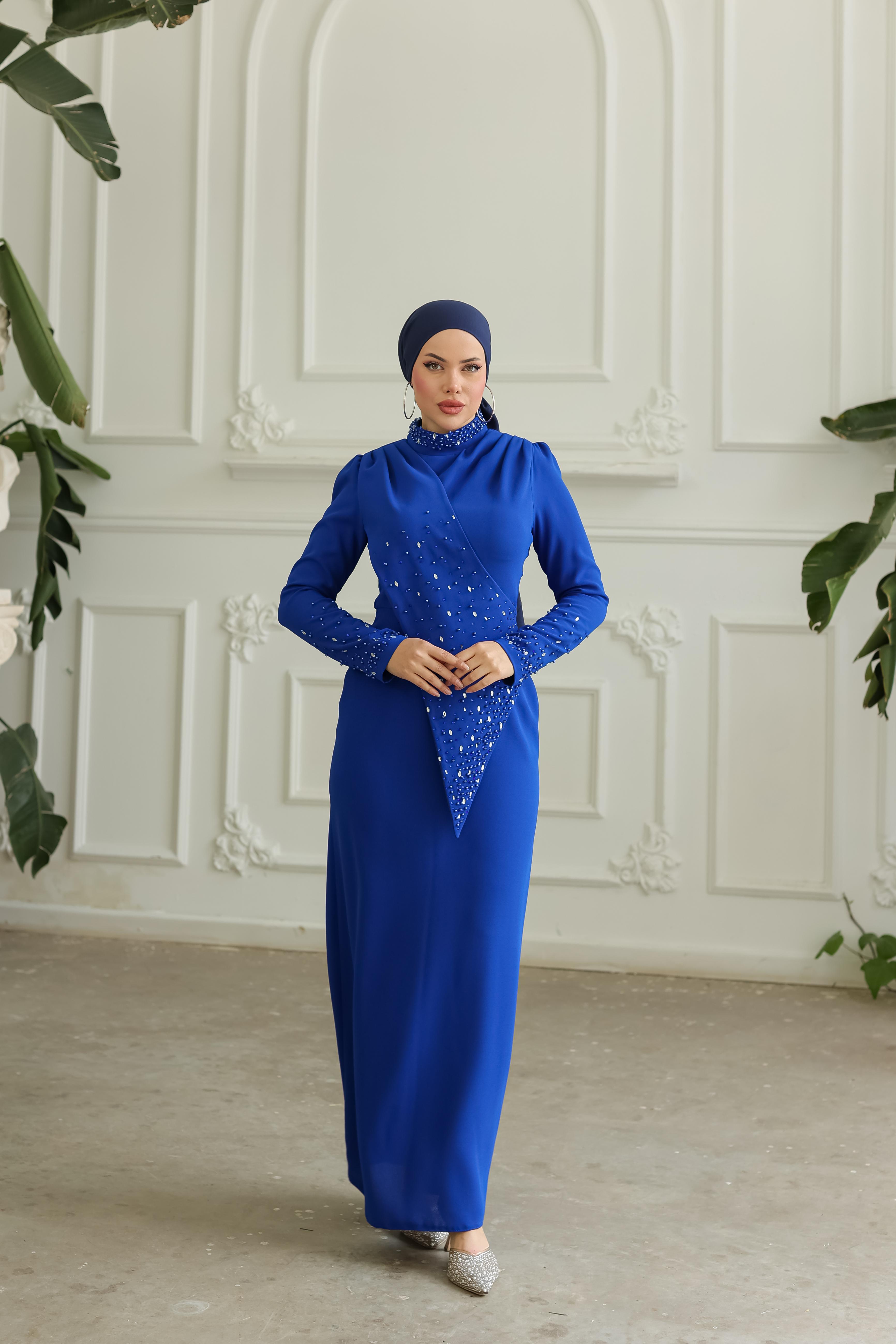 Boncuk İşlemeli Elbise 8366 - Cobalt Blue