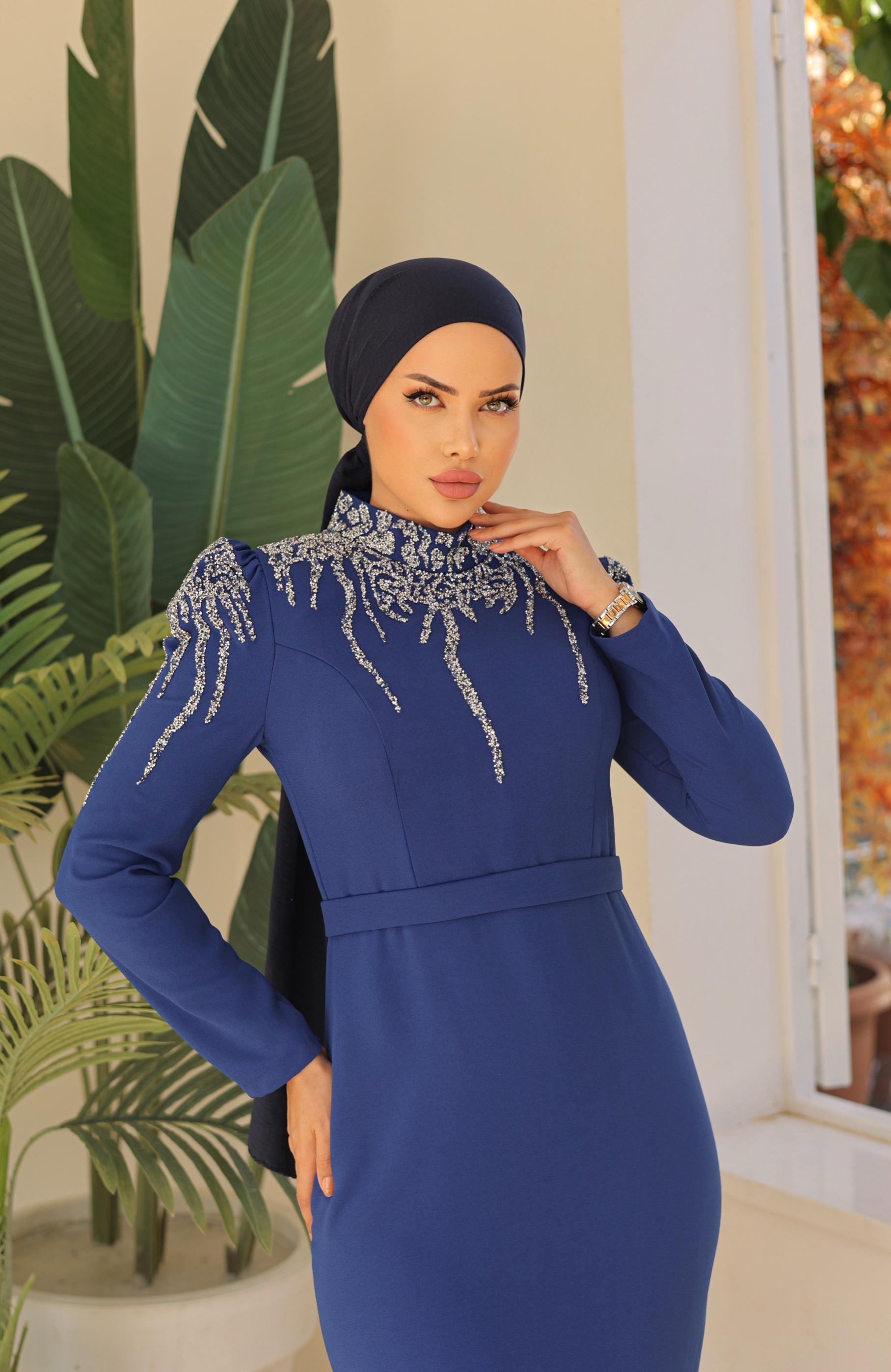 Stone Embroidered Crepe Dress 8215 - Navy Blue