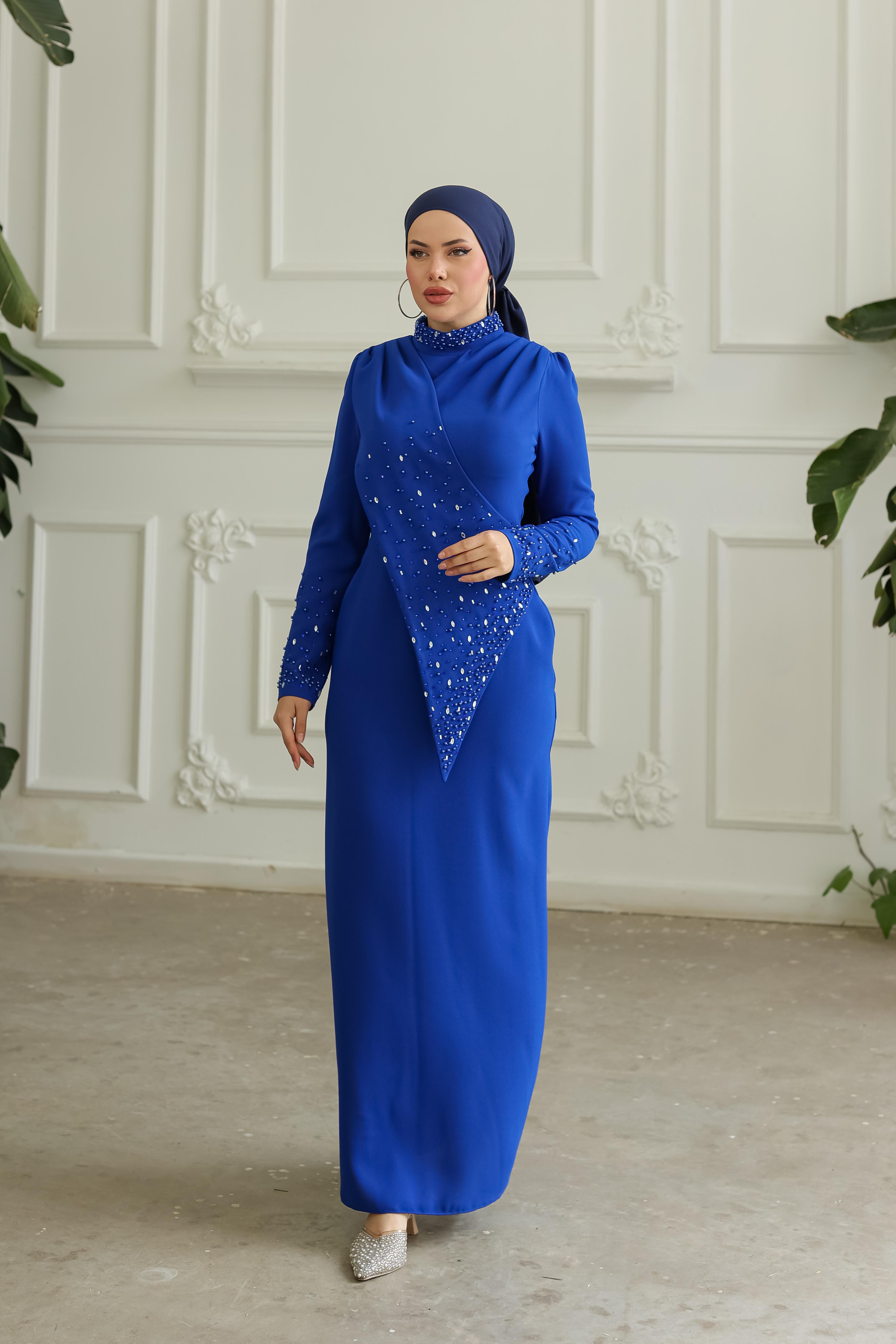 Boncuk İşlemeli Elbise 8366 - Cobalt Blue