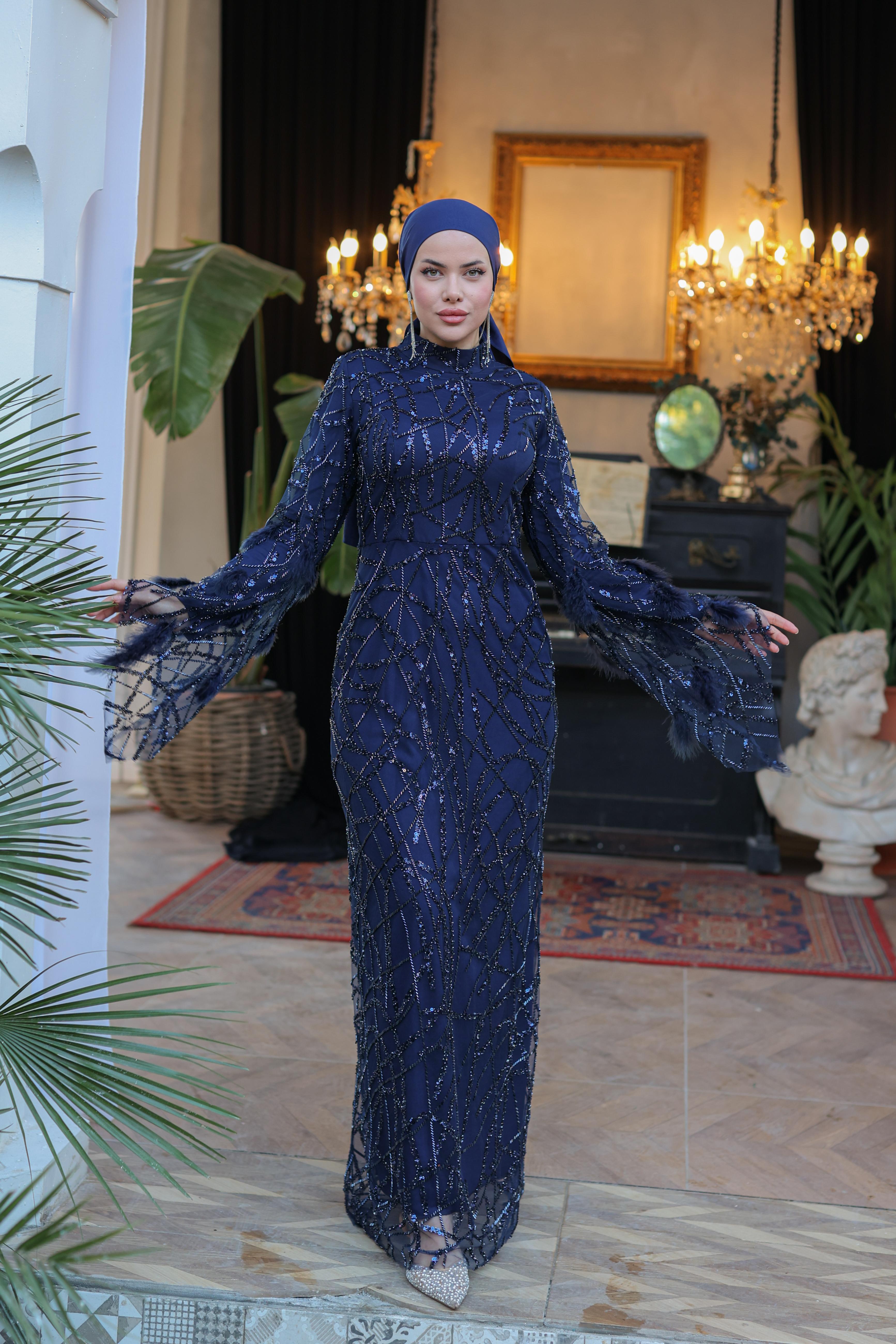 Beaded Embroidered Feathered Sleeve Evening Dress 8395 - Navy Blue