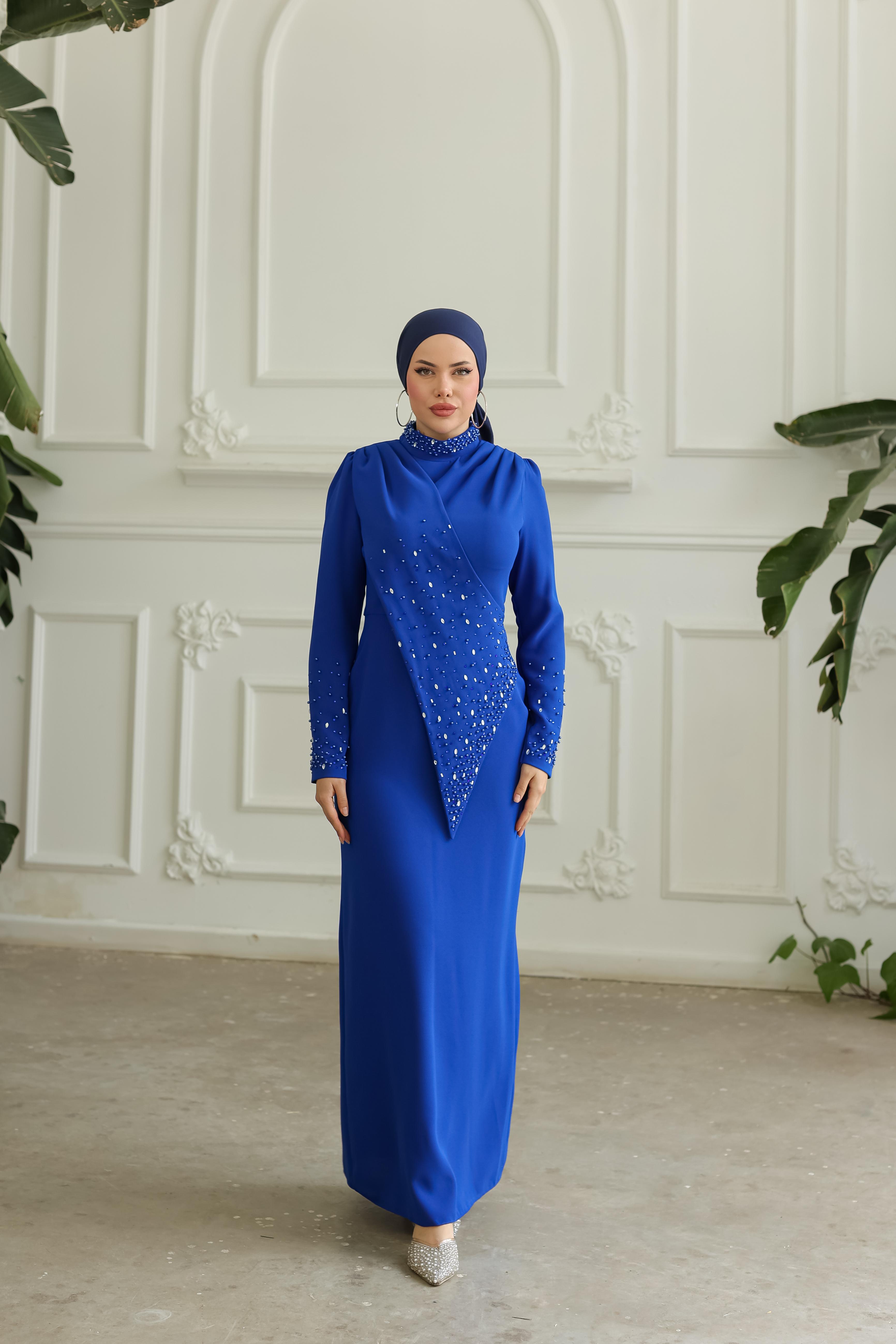 Boncuk İşlemeli Elbise 8366 - Cobalt Blue