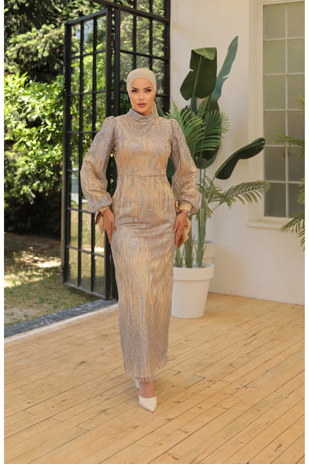 Embroidered Tie-Sleeve Gown 8217 - Gold