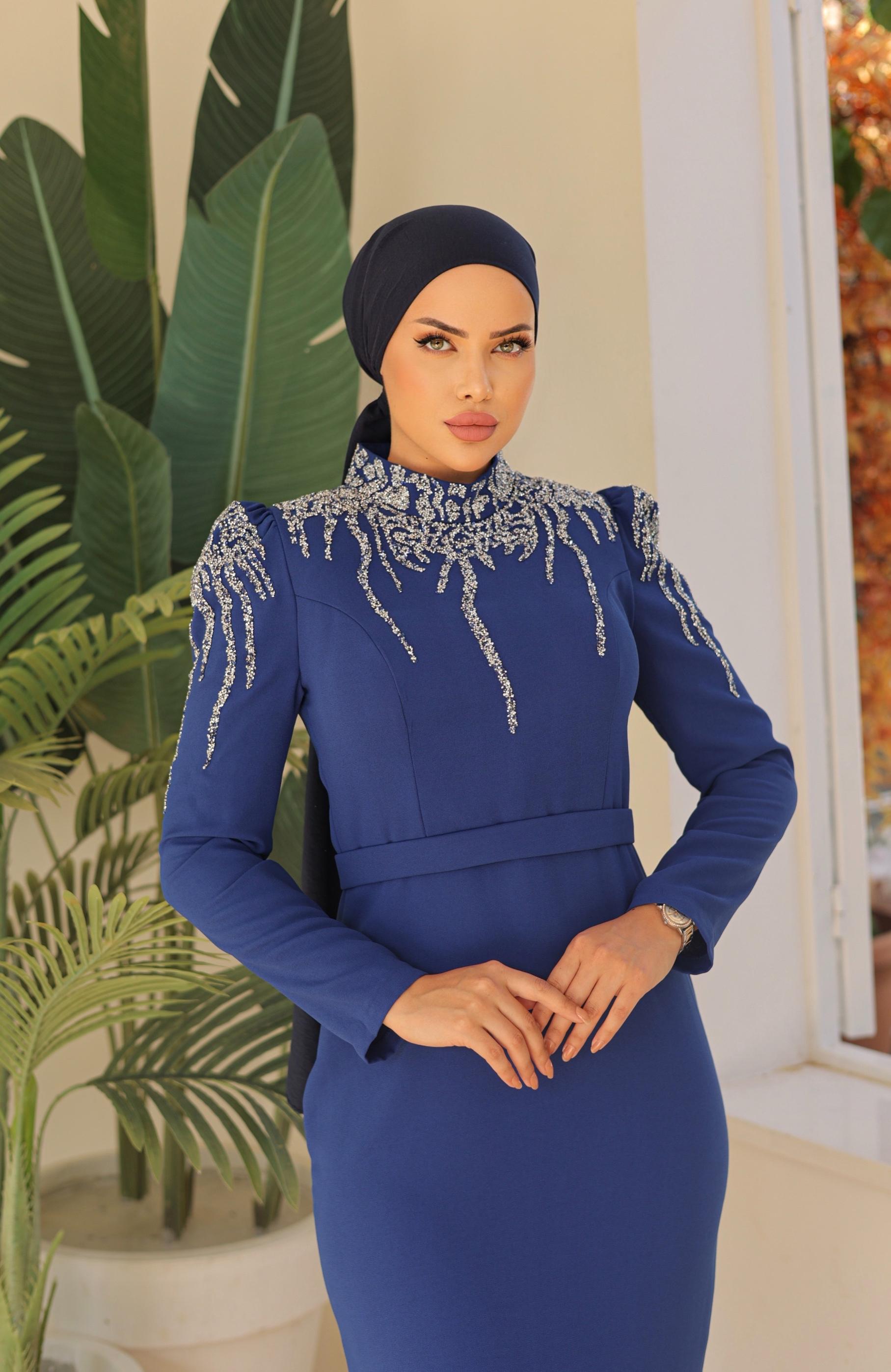 Stone Embroidered Crepe Dress 8215 - Navy Blue
