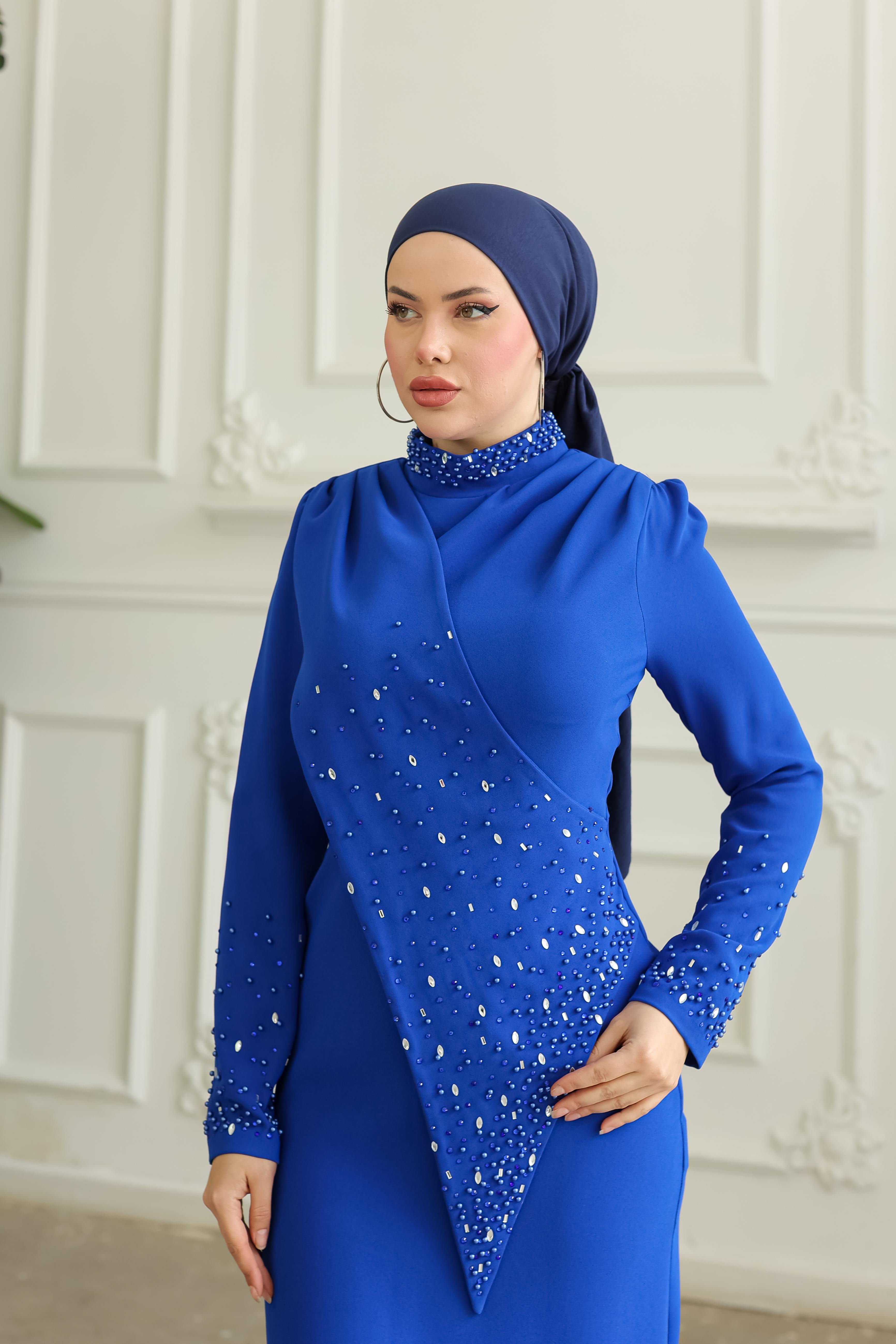 Boncuk İşlemeli Elbise 8366 - Cobalt Blue