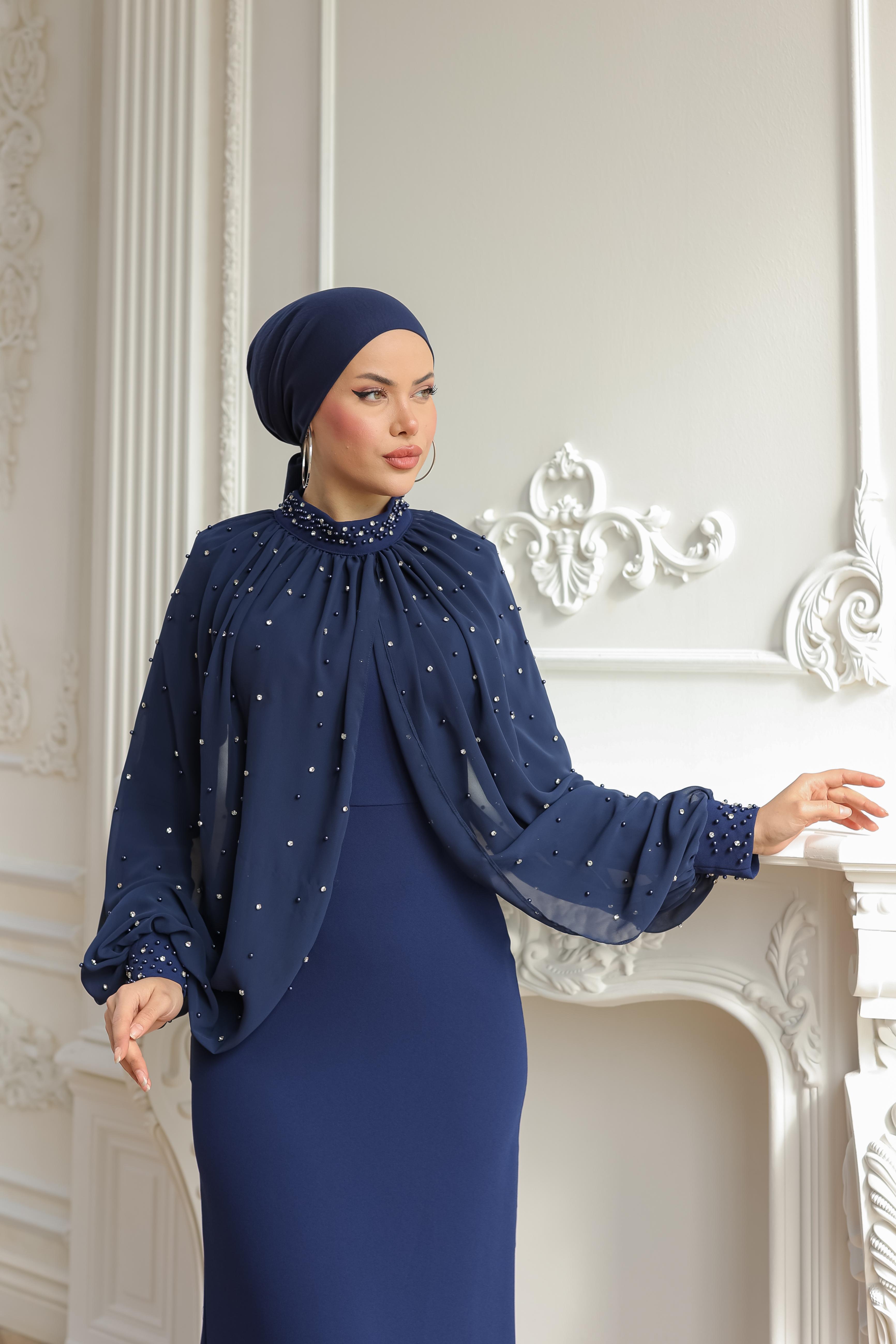 Taş Ve Boncuk İşlemeli Seyyar Pelerinli Elbise 8360 - Navy Blue