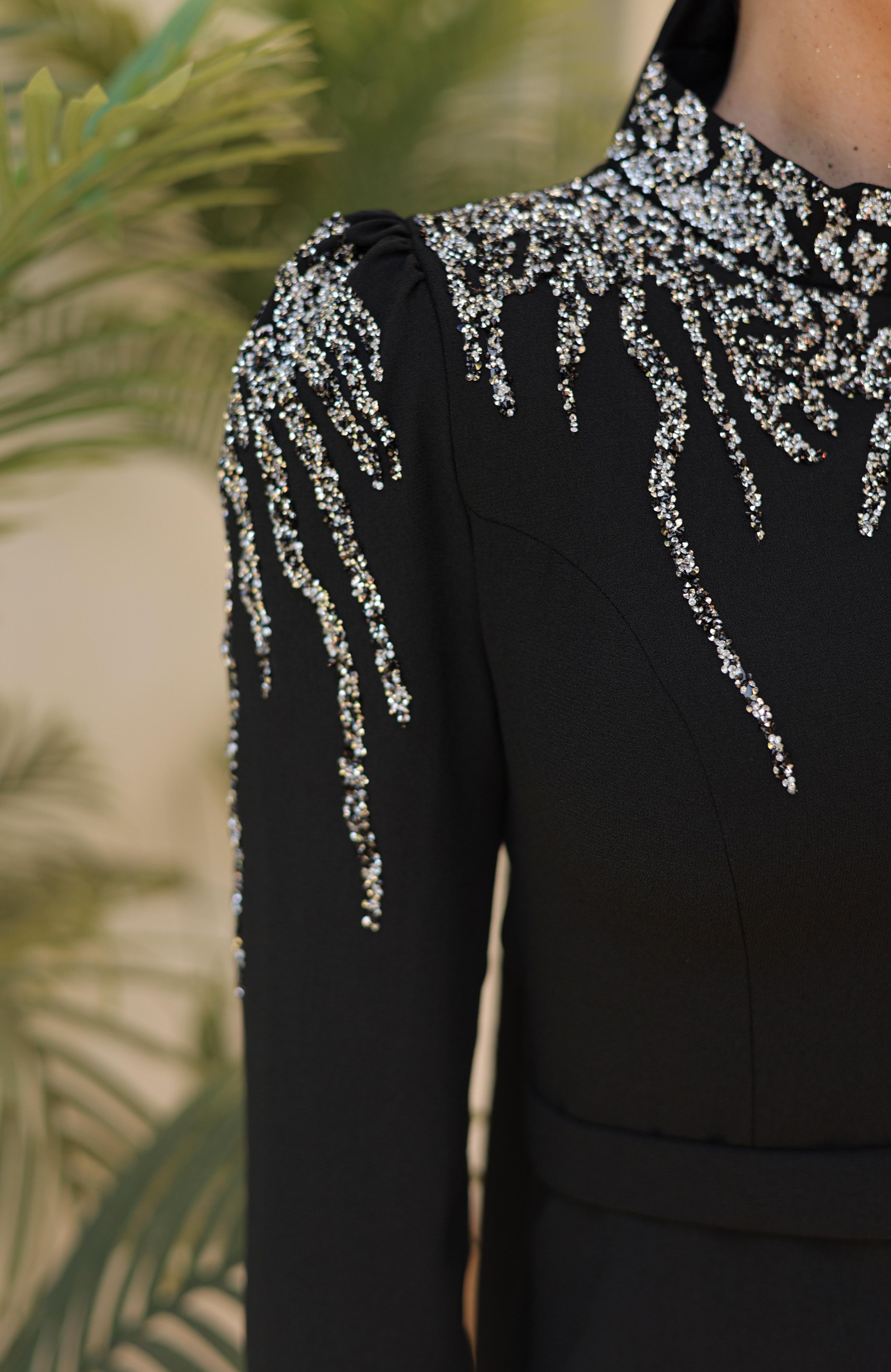 Stone Embroidered Crepe Dress 8215 - Black