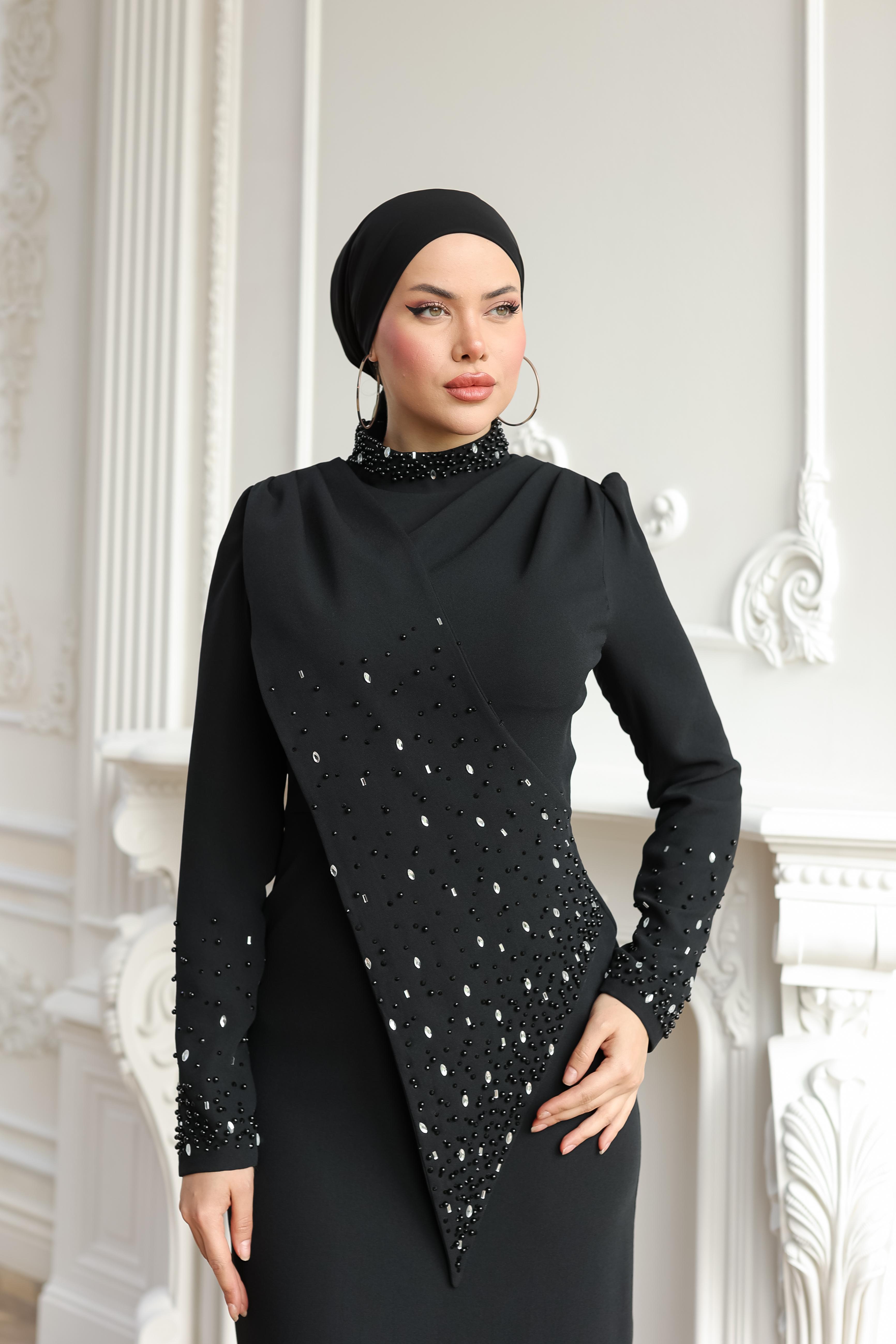 Boncuk İşlemeli Elbise 8366 - Black