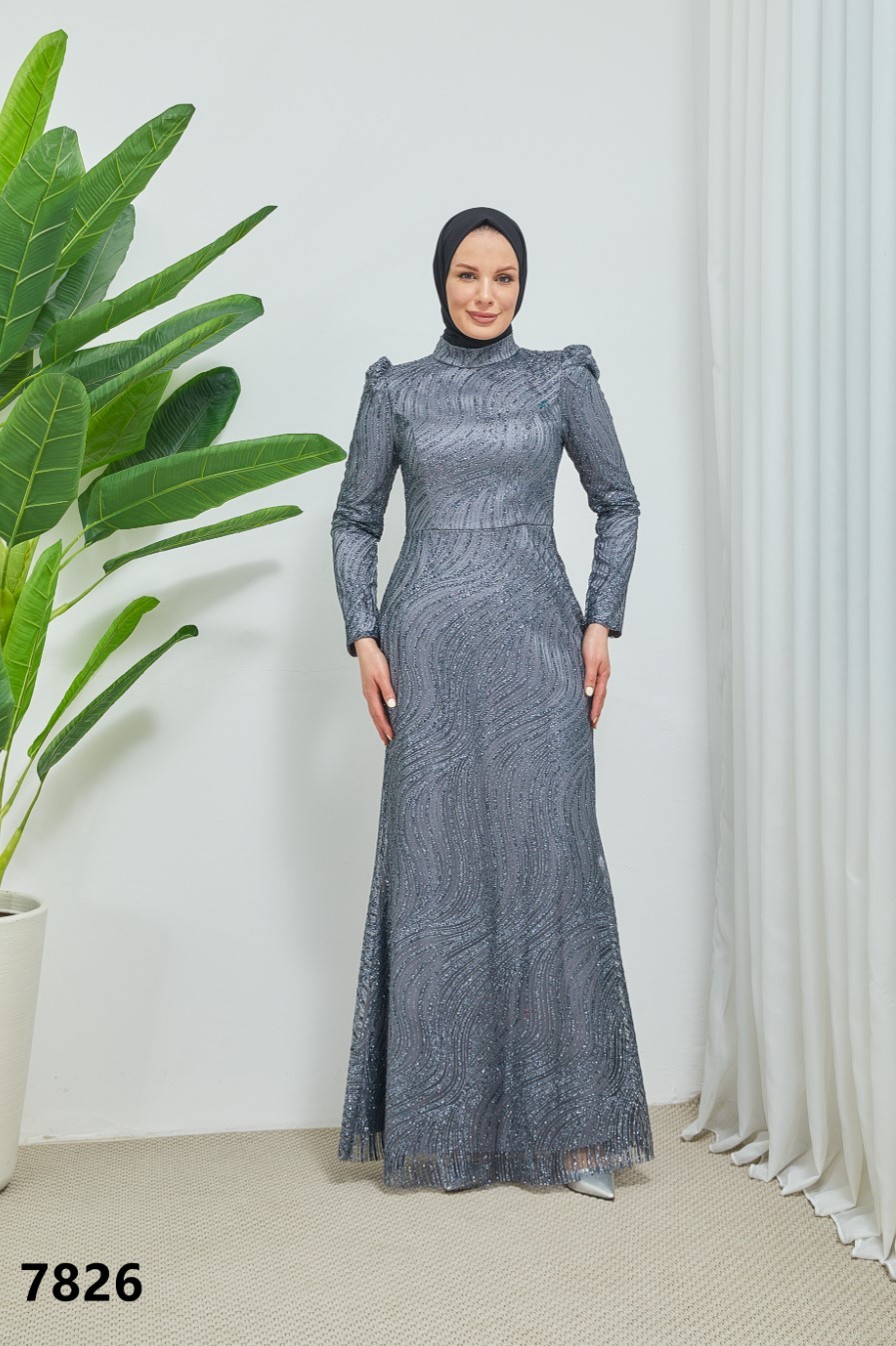 Embroidered Fabric Gown 7826 - Gray