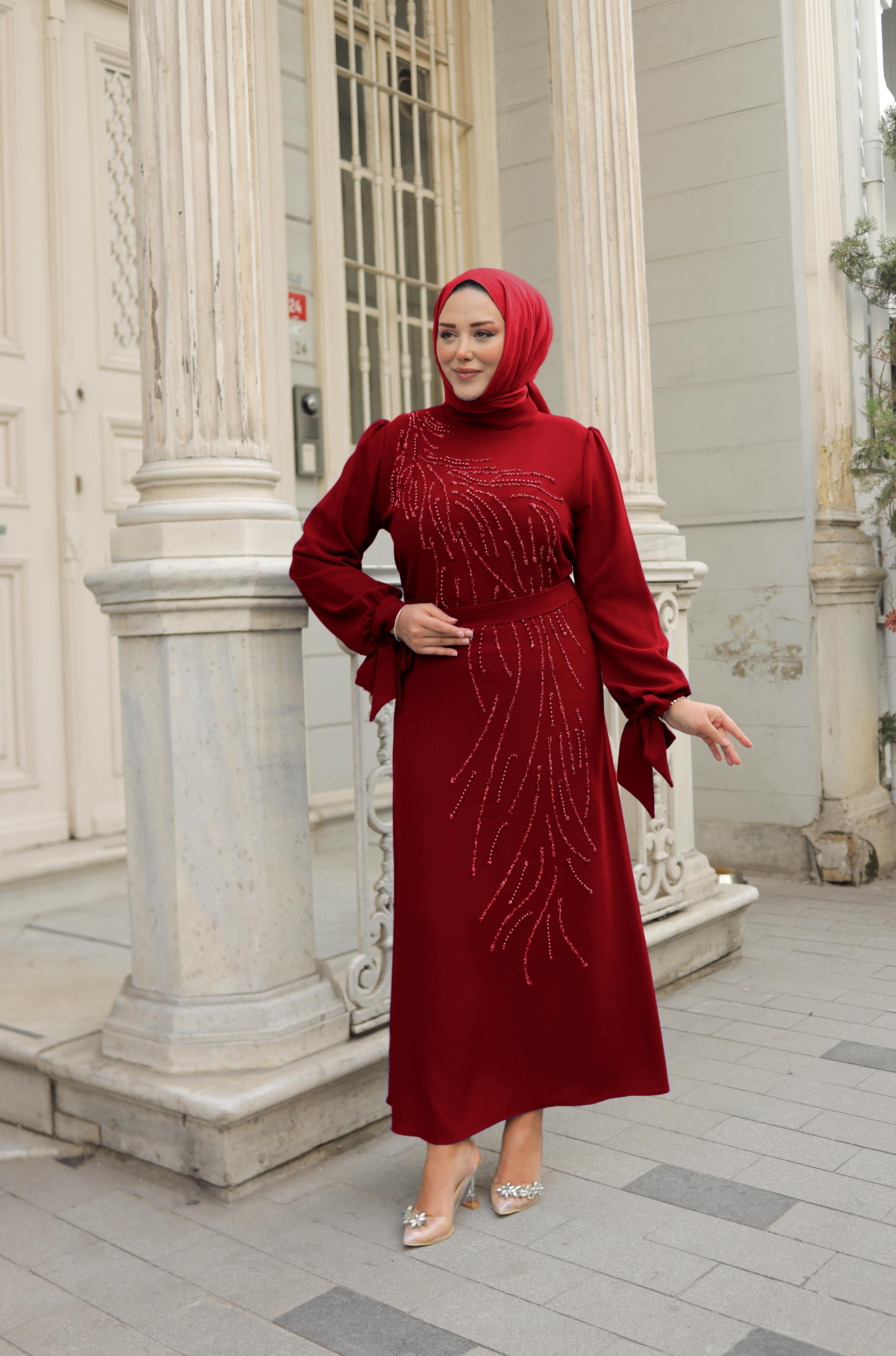 Stone Embroidered Sleeve Tie Crepe Dress 5103 - Burgundy